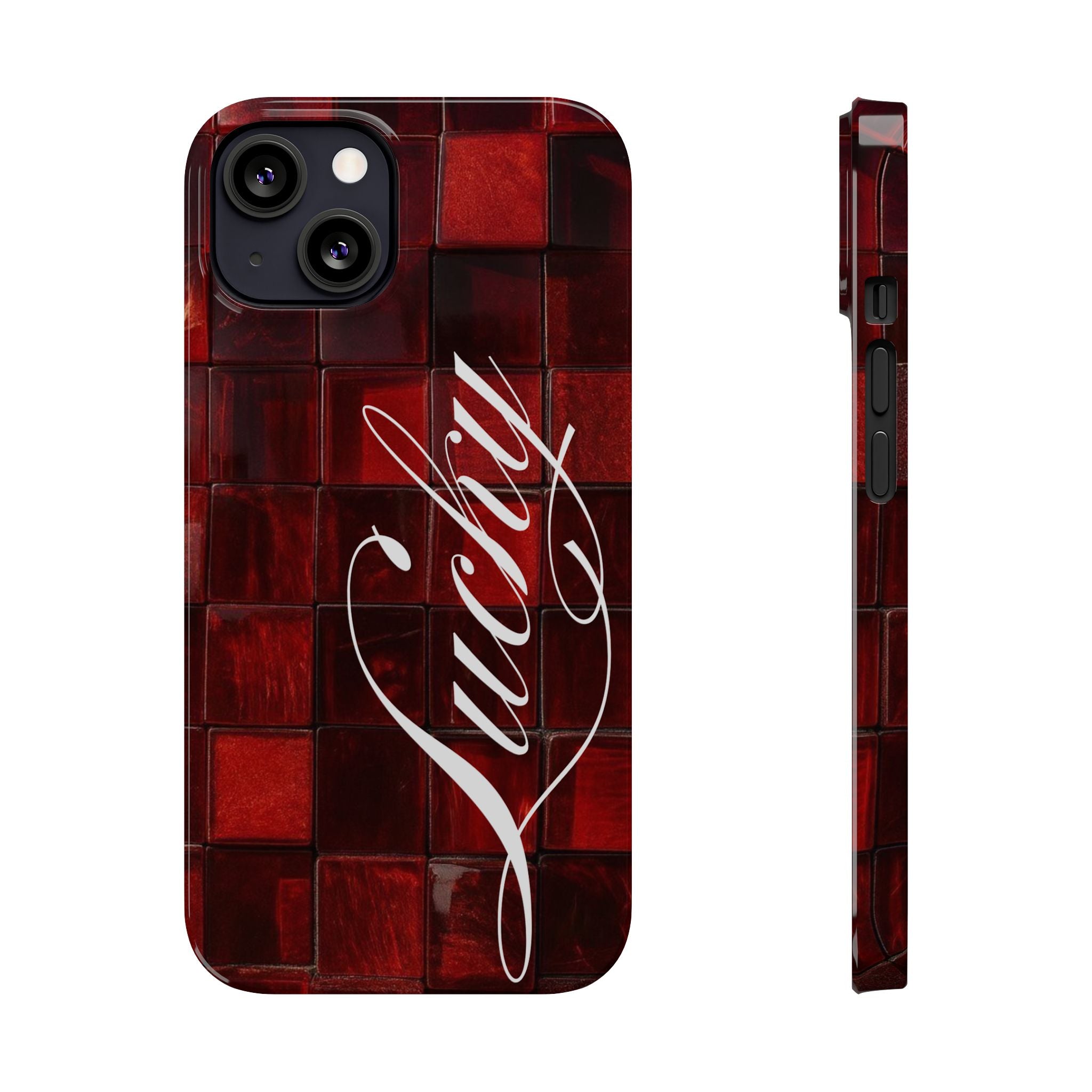 Red Mosaic 'Lucky' Slim Phone Case — Stylish Script Protective Cover