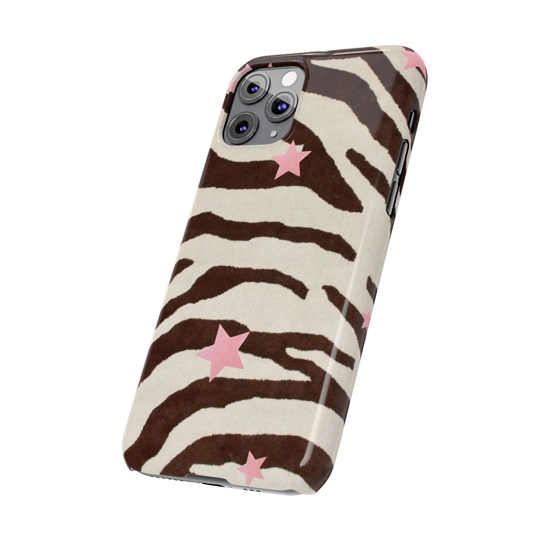 Zebra Stripe Slim Phone Case with Pink Stars – Trendy Animal Print Protector