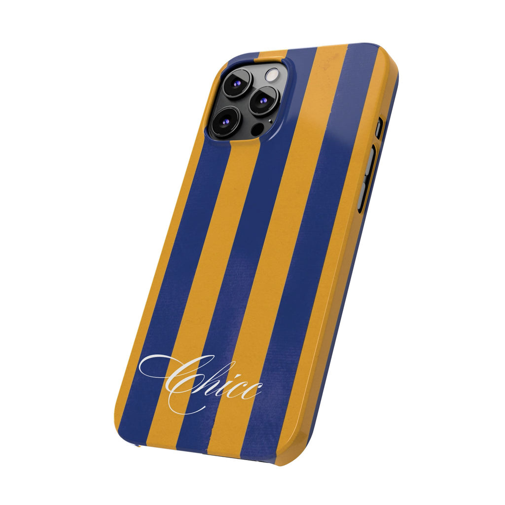 Striped Navy & Gold Slim Phone Case — "Chicc" Script Accent