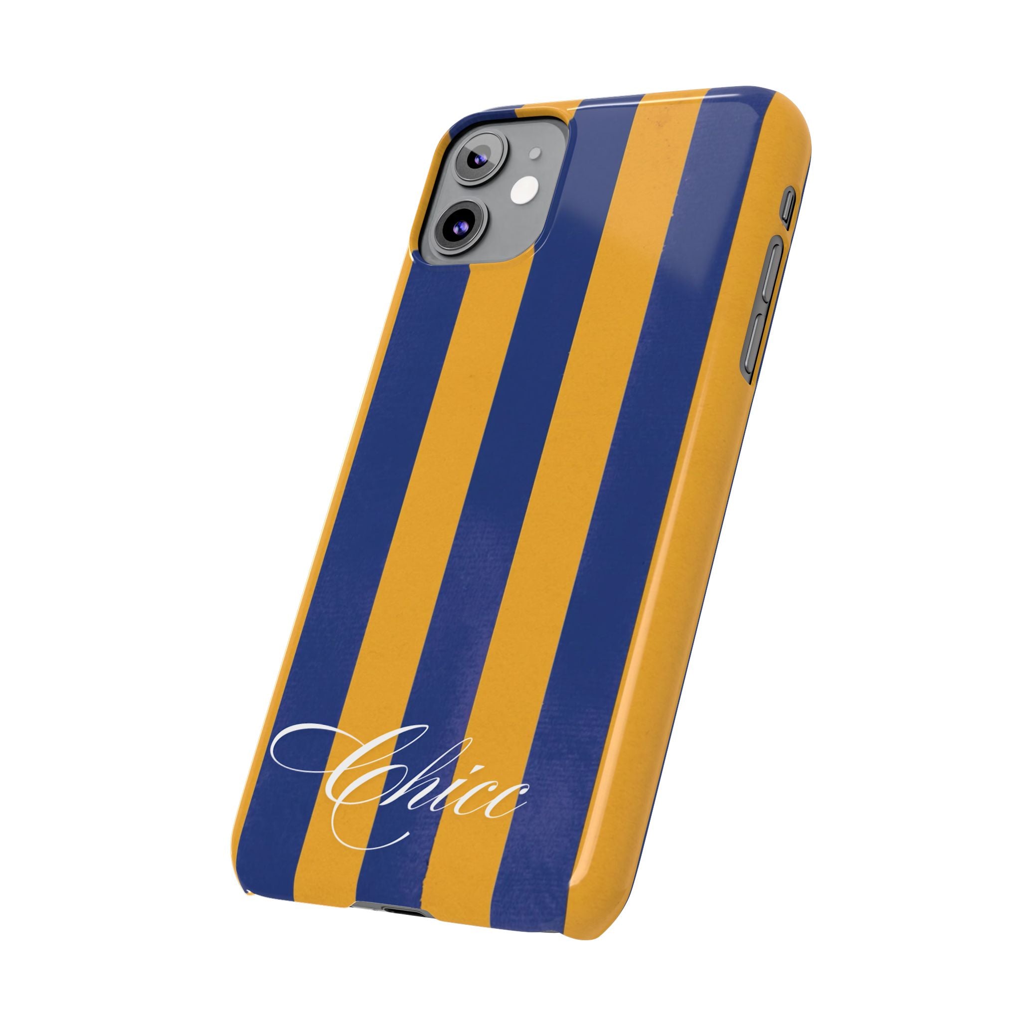Striped Navy & Gold Slim Phone Case — "Chicc" Script Accent