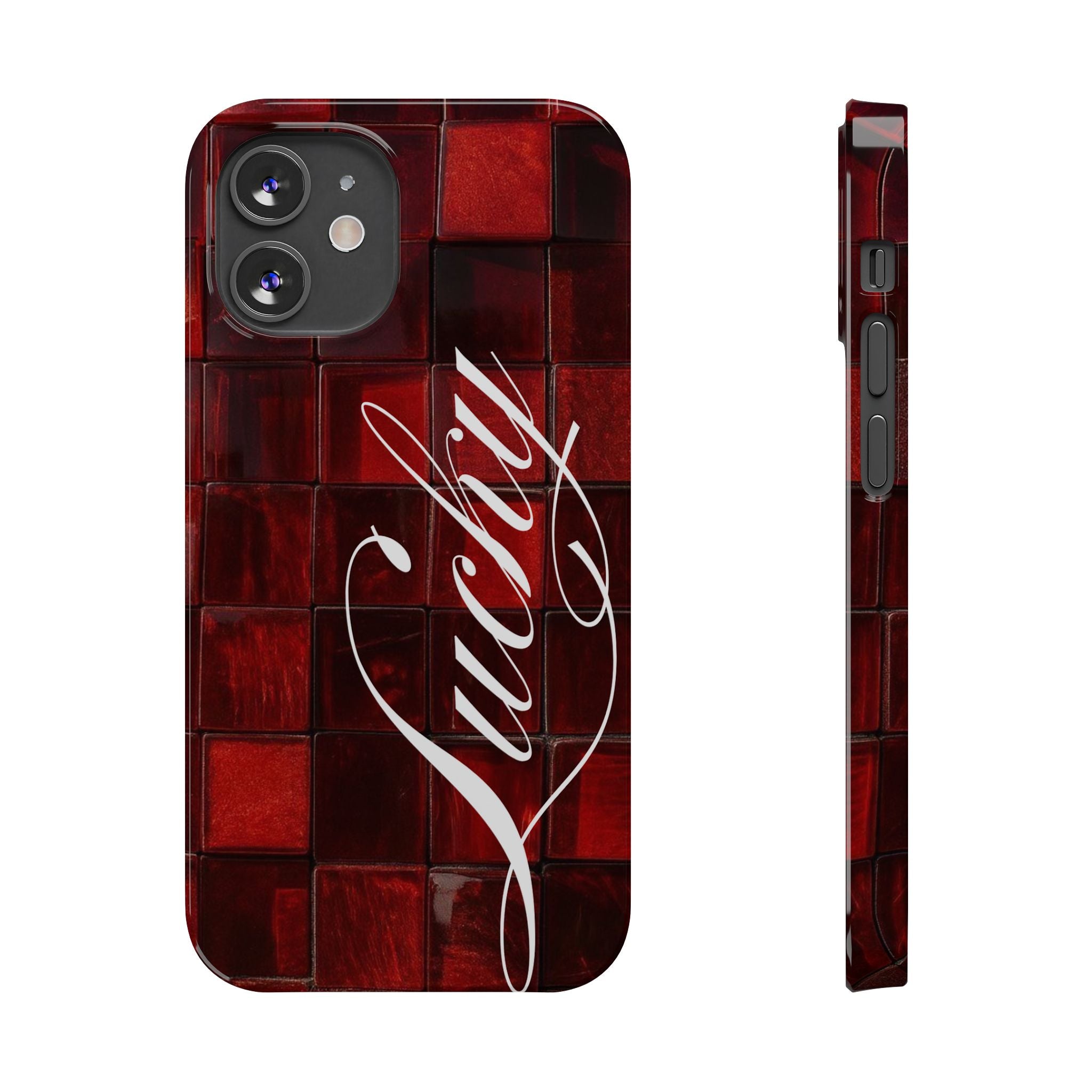 Red Mosaic 'Lucky' Slim Phone Case — Stylish Script Protective Cover