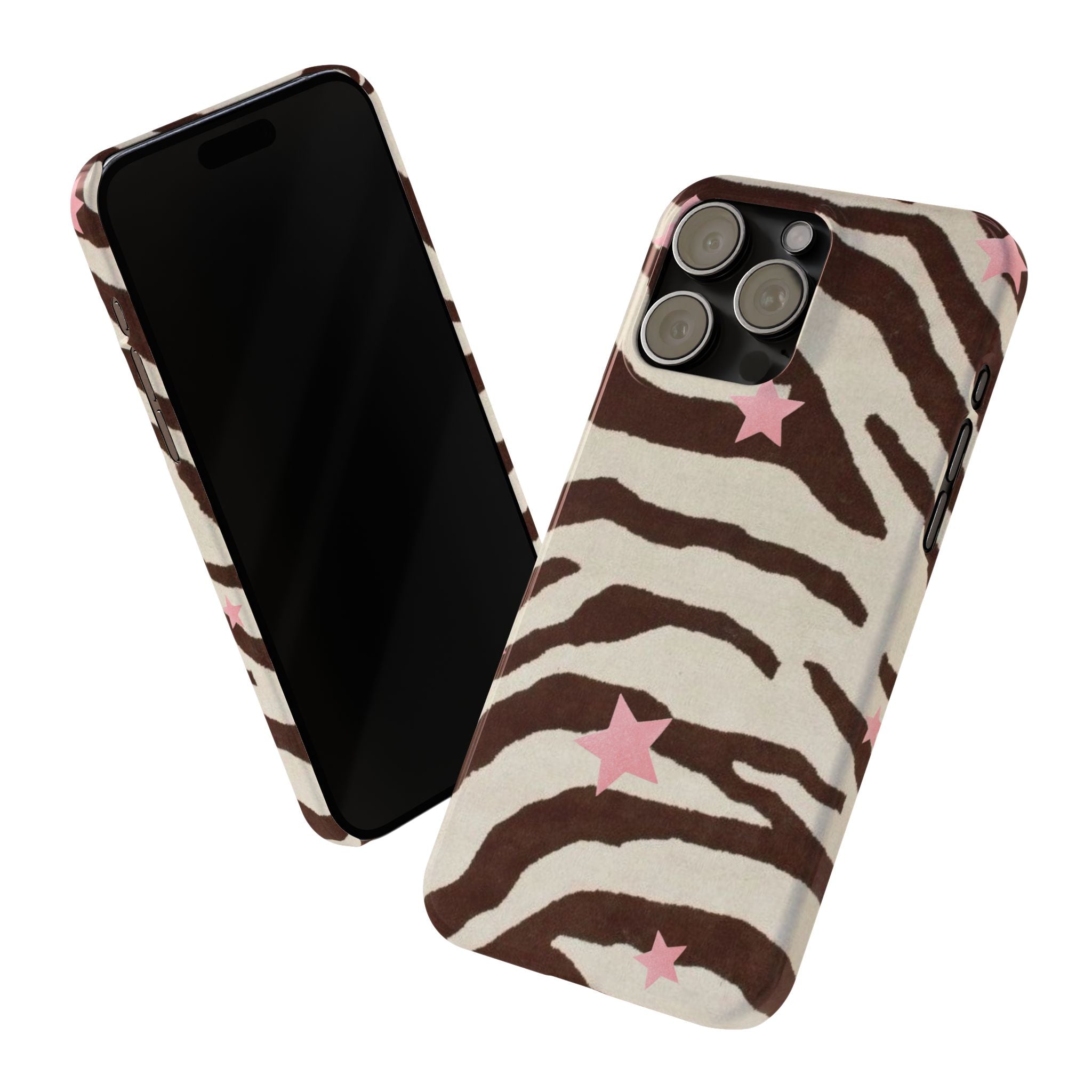 Zebra Stripe Slim Phone Case with Pink Stars – Trendy Animal Print Protector