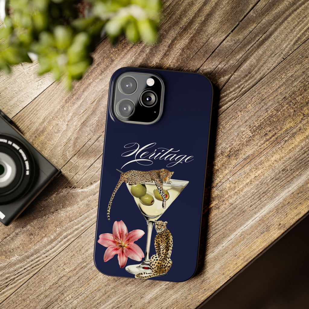 Heritage Cheetah Martini Slim Phone Case — Floral Cocktail Design