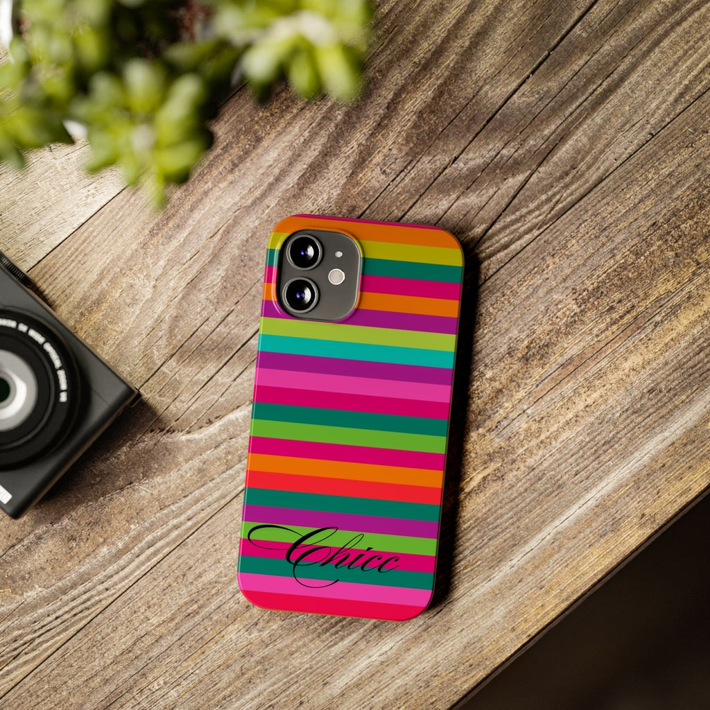Chic Stripes Slim Phone Case — Colorful Rainbow Stripe Monogram Phone Cover