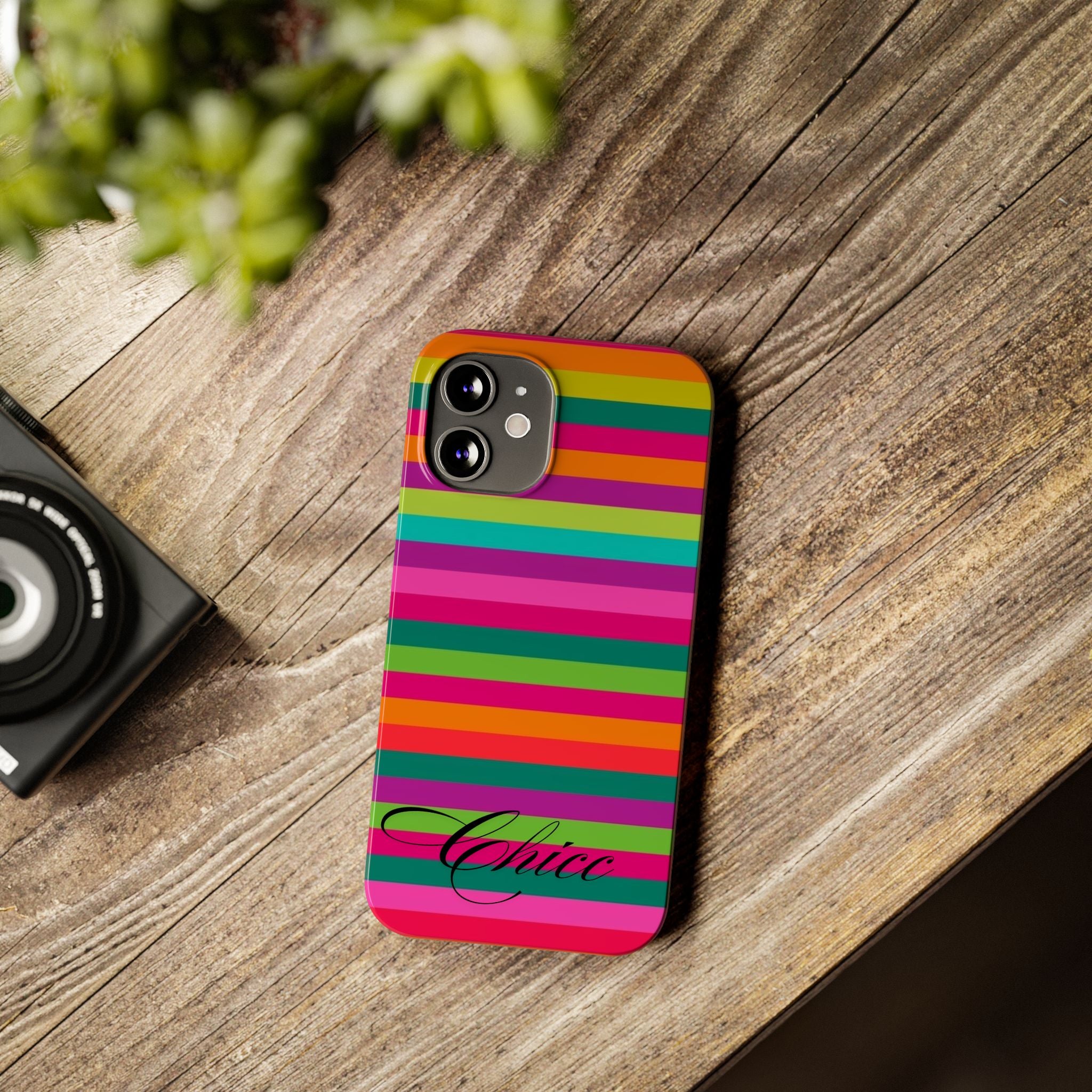 Chic Stripes Slim Phone Case — Colorful Rainbow Stripe Monogram Phone Cover