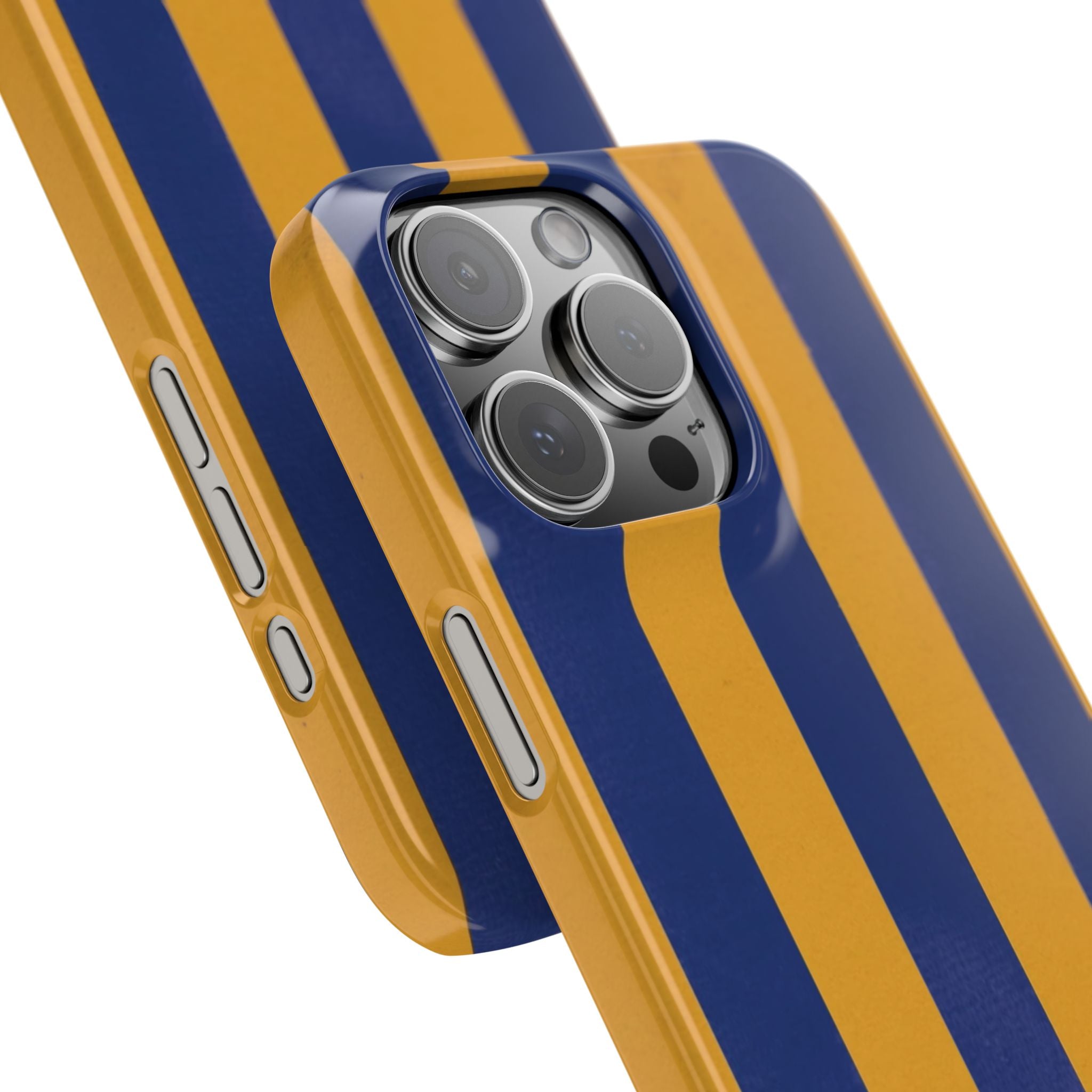 Striped Navy & Gold Slim Phone Case — "Chicc" Script Accent