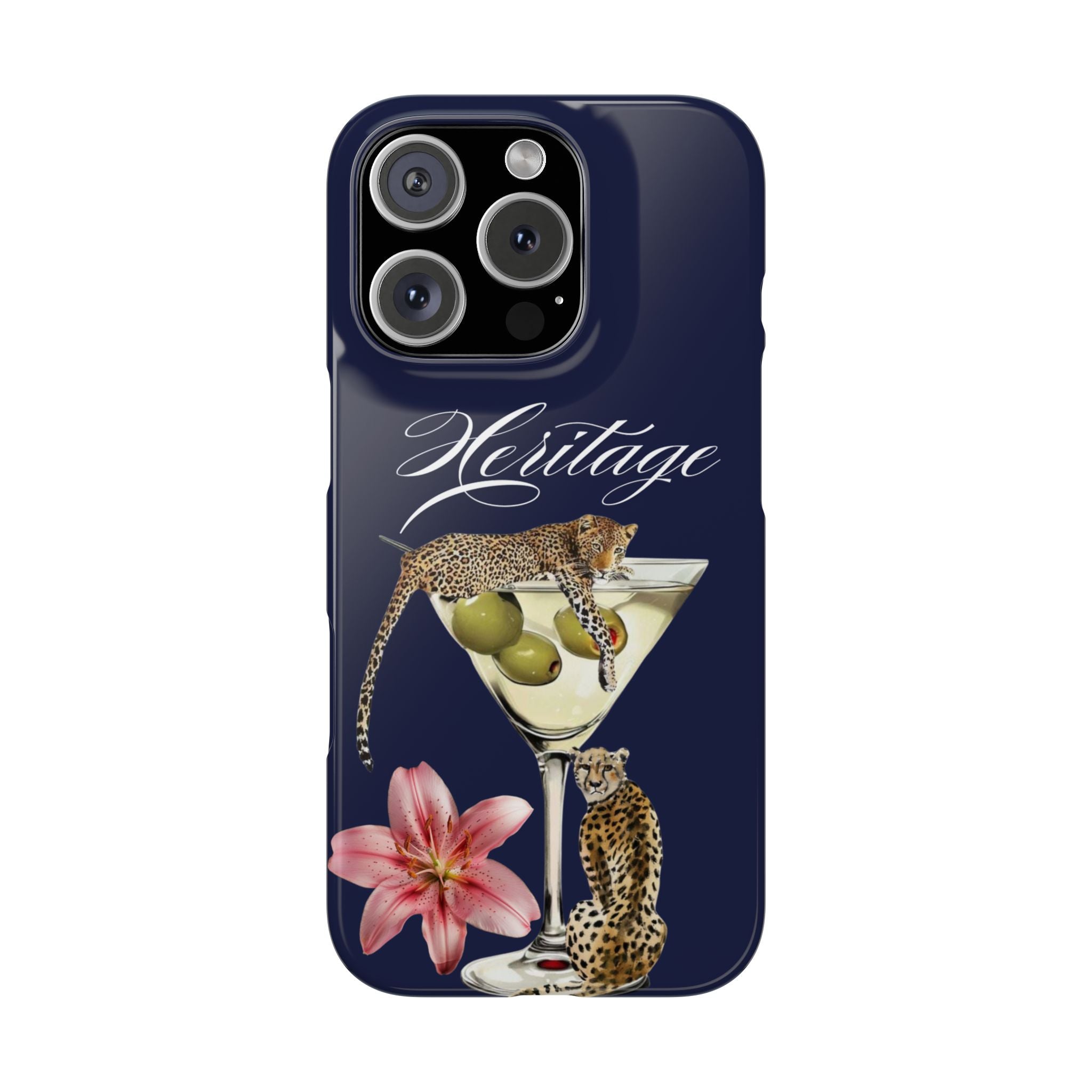 Heritage Cheetah Martini Slim Phone Case — Floral Cocktail Design