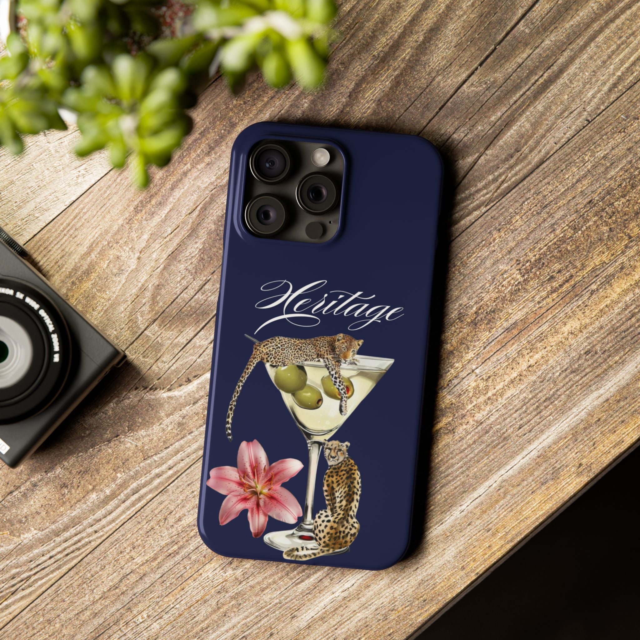 Heritage Cheetah Martini Slim Phone Case — Floral Cocktail Design