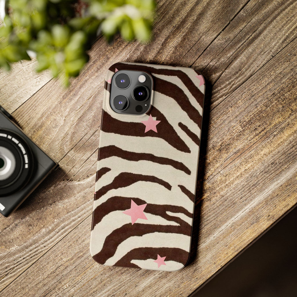 Zebra Stripe Slim Phone Case with Pink Stars – Trendy Animal Print Protector