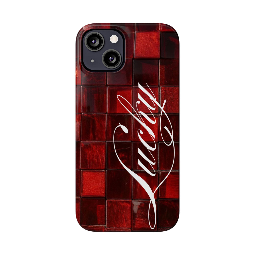 Red Mosaic 'Lucky' Slim Phone Case — Stylish Script Protective Cover