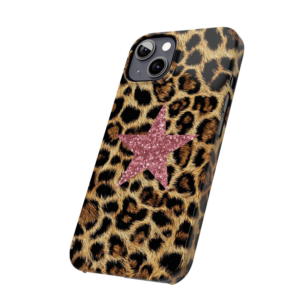 Leopard Print Slim Phone Case with Pink Glitter Star — Chic Animal Print Protective Cover