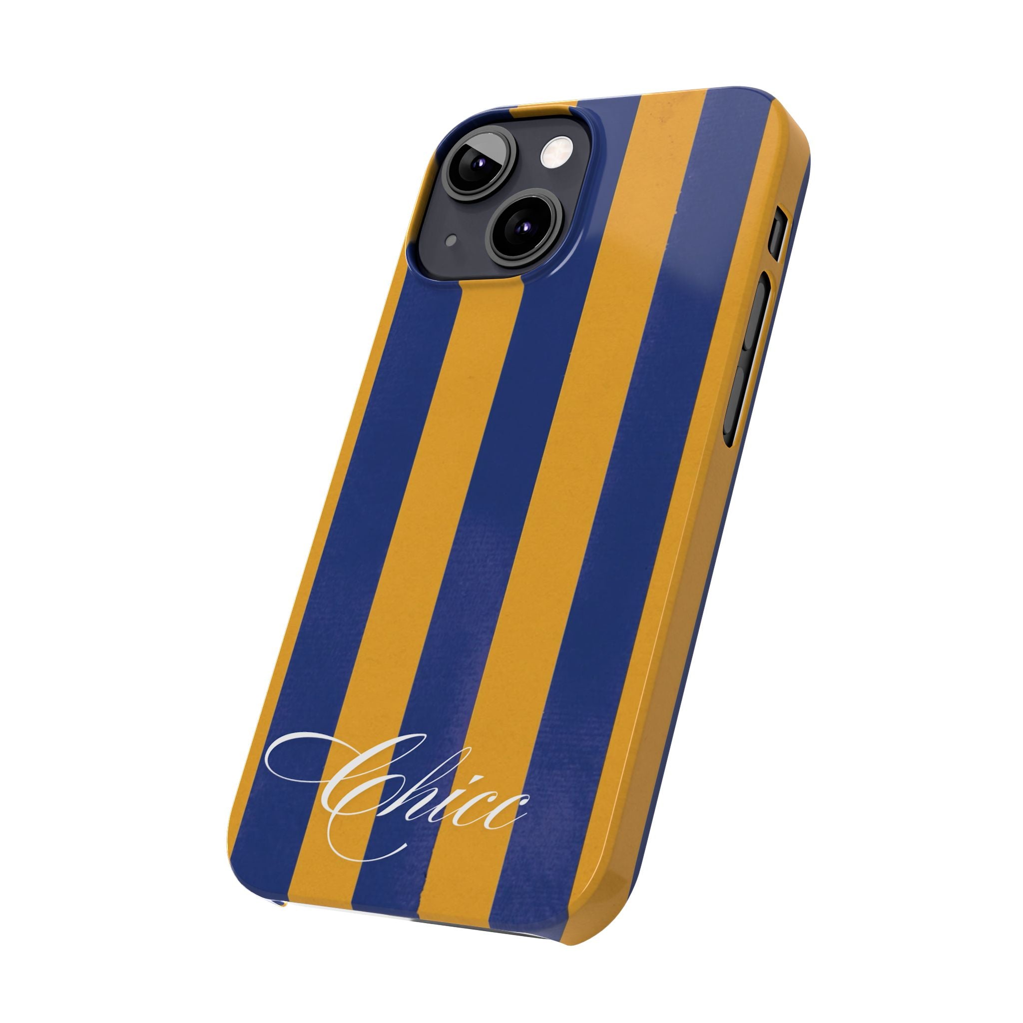 Striped Navy & Gold Slim Phone Case — "Chicc" Script Accent