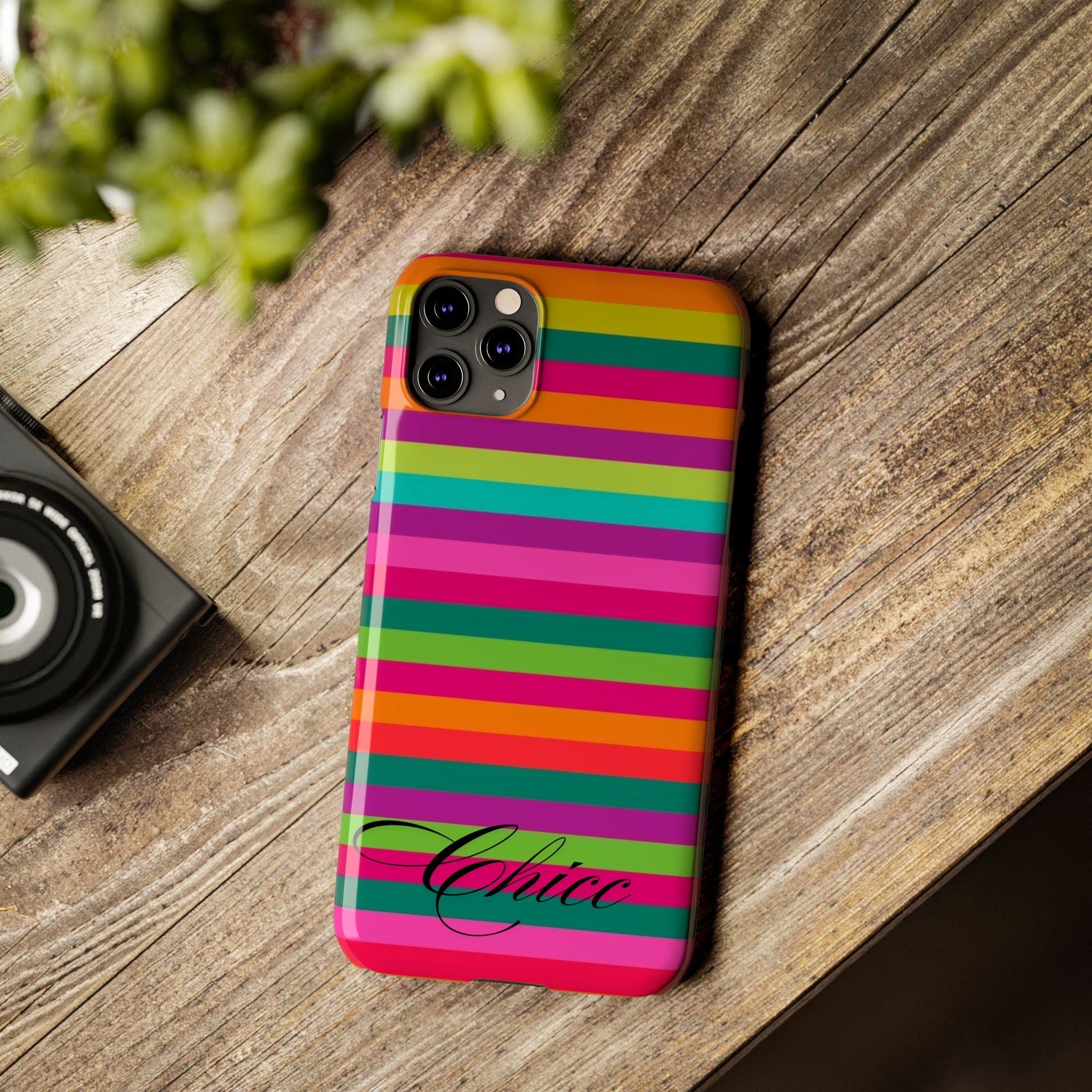 Chic Stripes Slim Phone Case — Colorful Rainbow Stripe Monogram Phone Cover