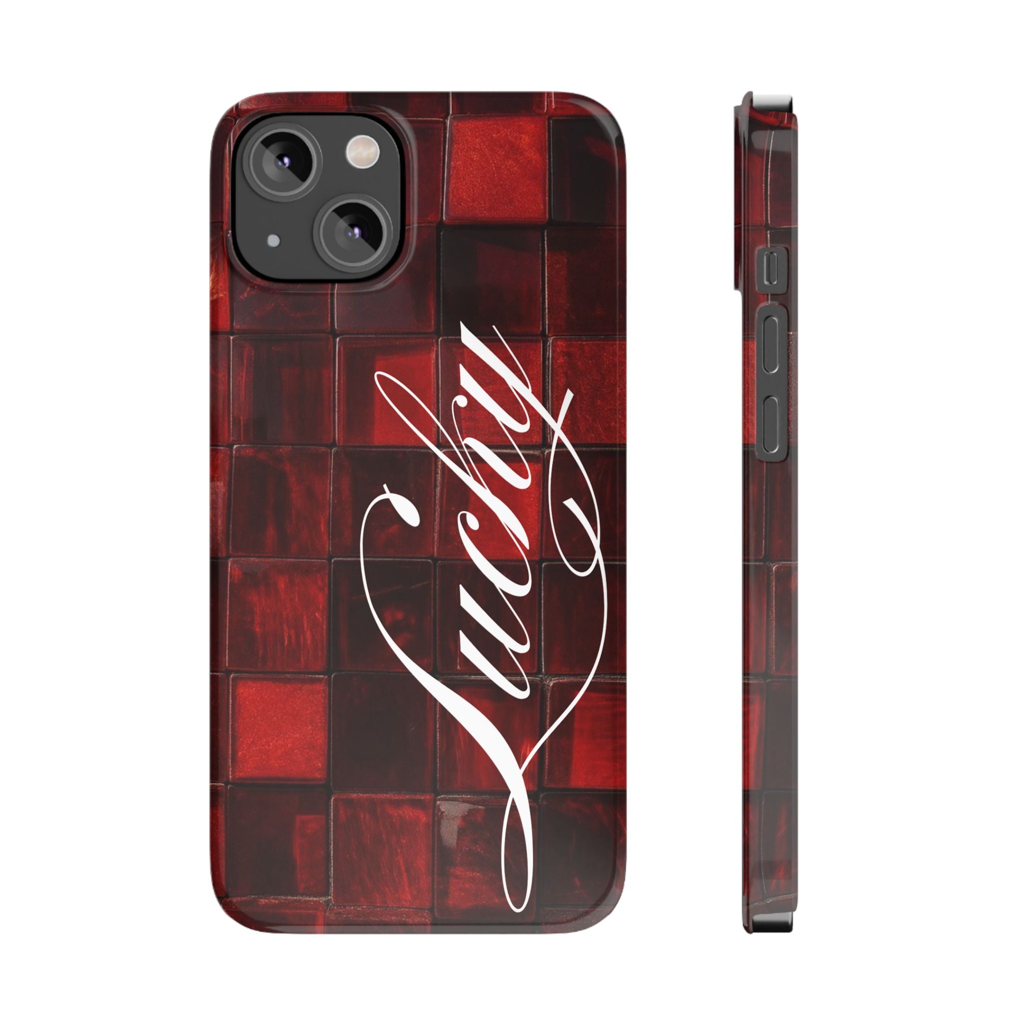 Red Mosaic 'Lucky' Slim Phone Case — Stylish Script Protective Cover