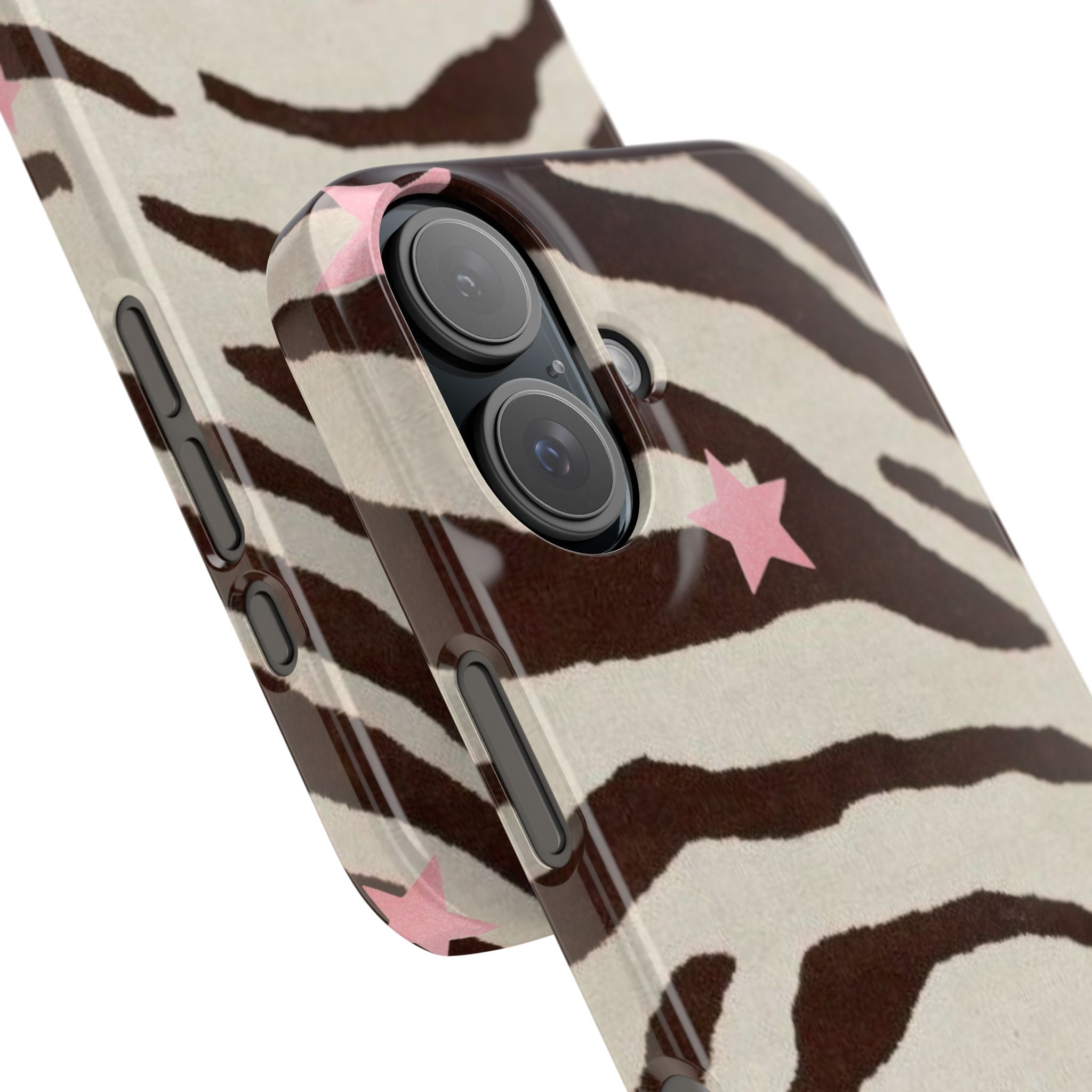 Zebra Stripe Slim Phone Case with Pink Stars – Trendy Animal Print Protector