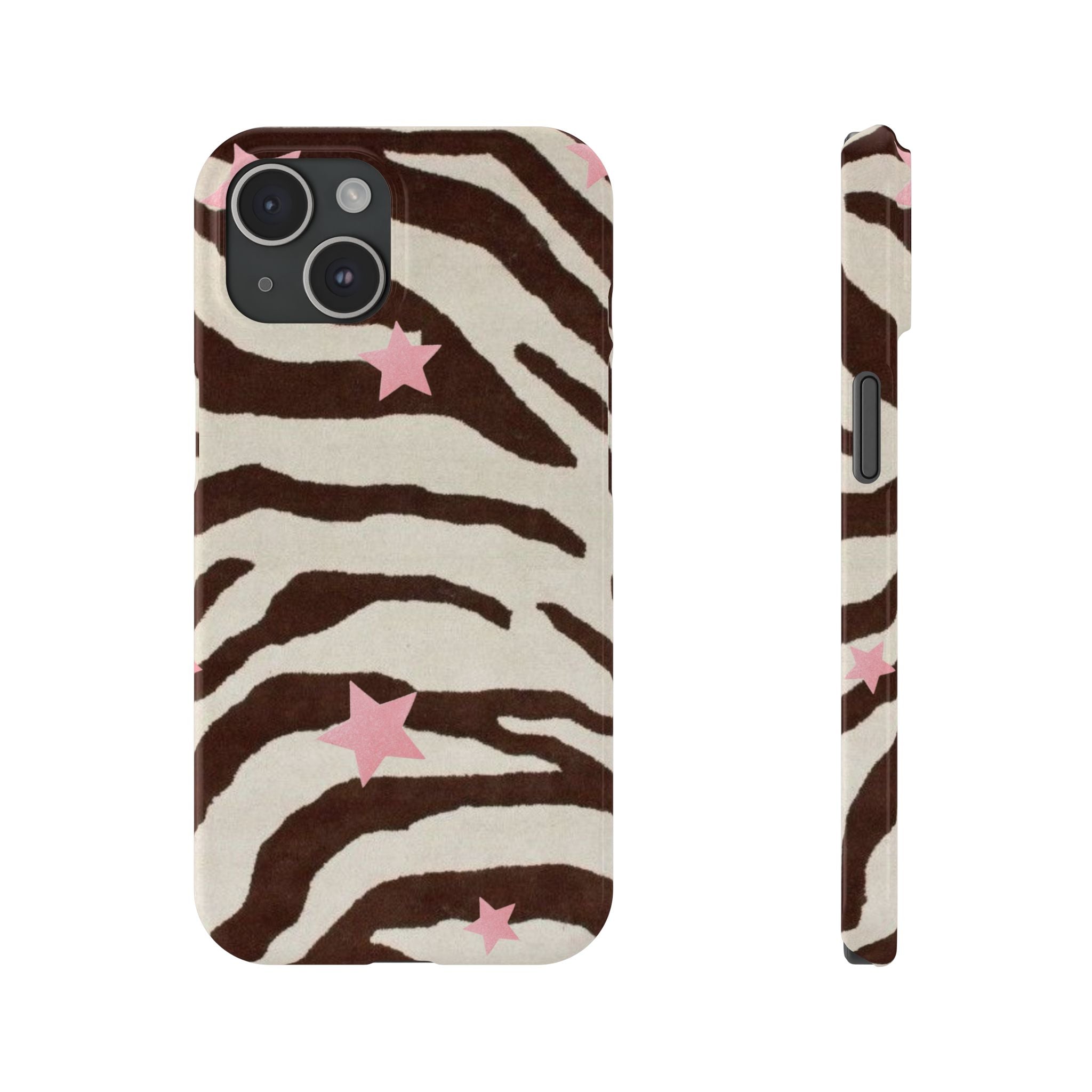 Zebra Stripe Slim Phone Case with Pink Stars – Trendy Animal Print Protector