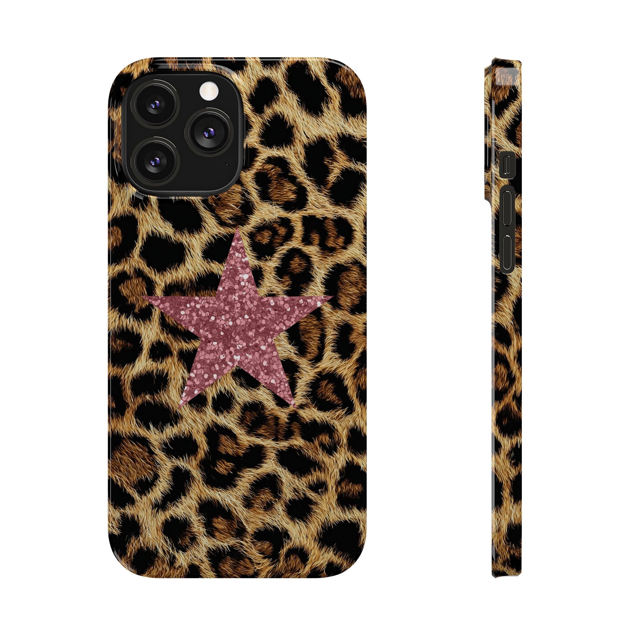 Leopard Print Slim Phone Case with Pink Glitter Star — Chic Animal Print Protective Cover