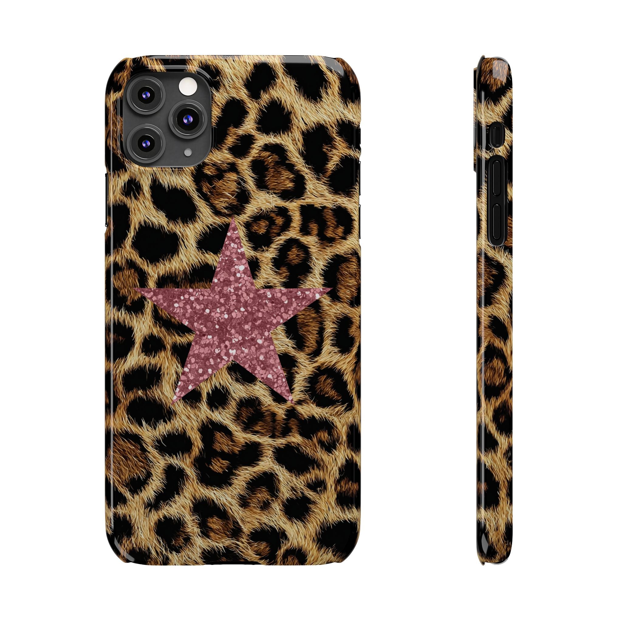 Leopard Print Slim Phone Case with Pink Glitter Star — Chic Animal Print Protective Cover