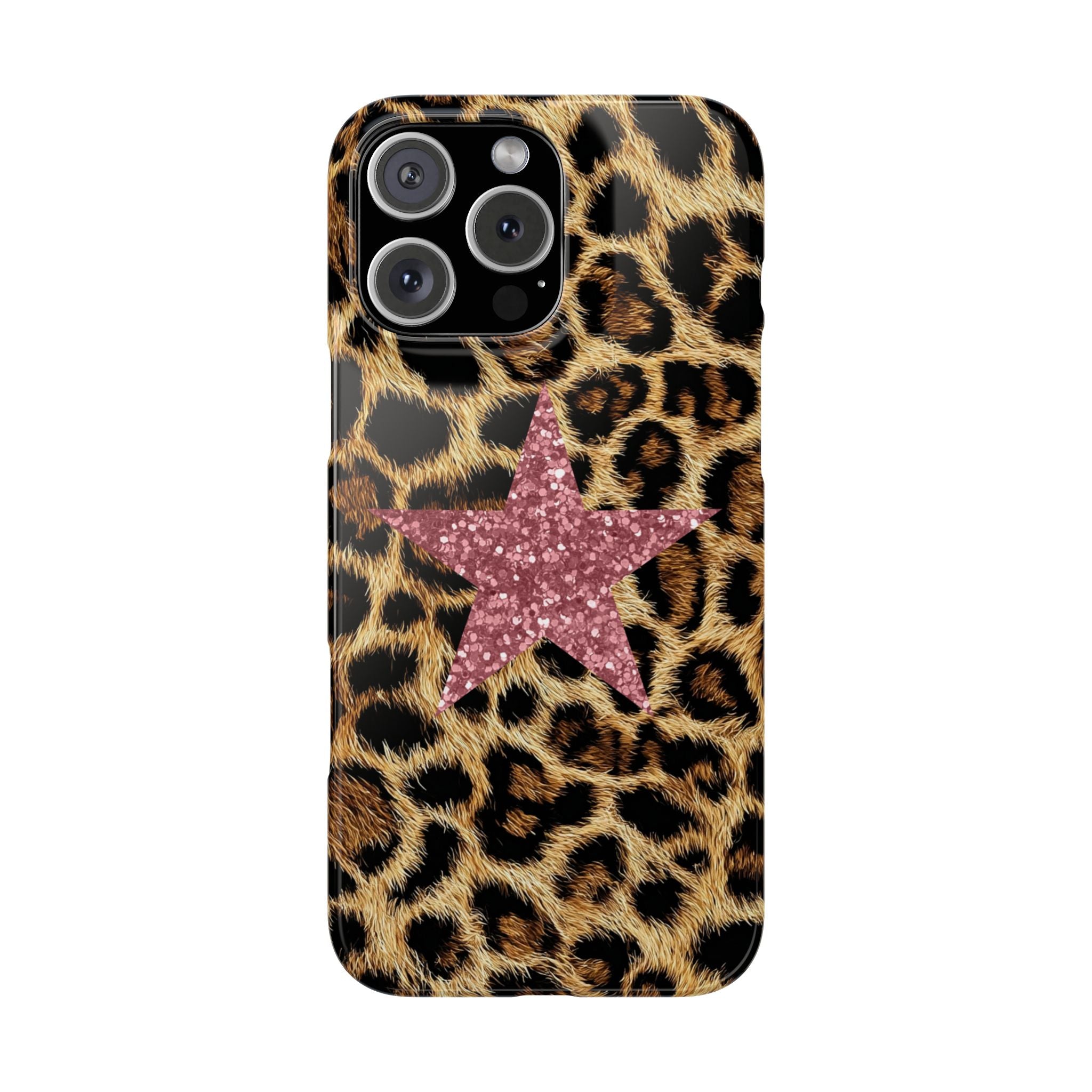 Leopard Print Slim Phone Case with Pink Glitter Star — Chic Animal Print Protective Cover