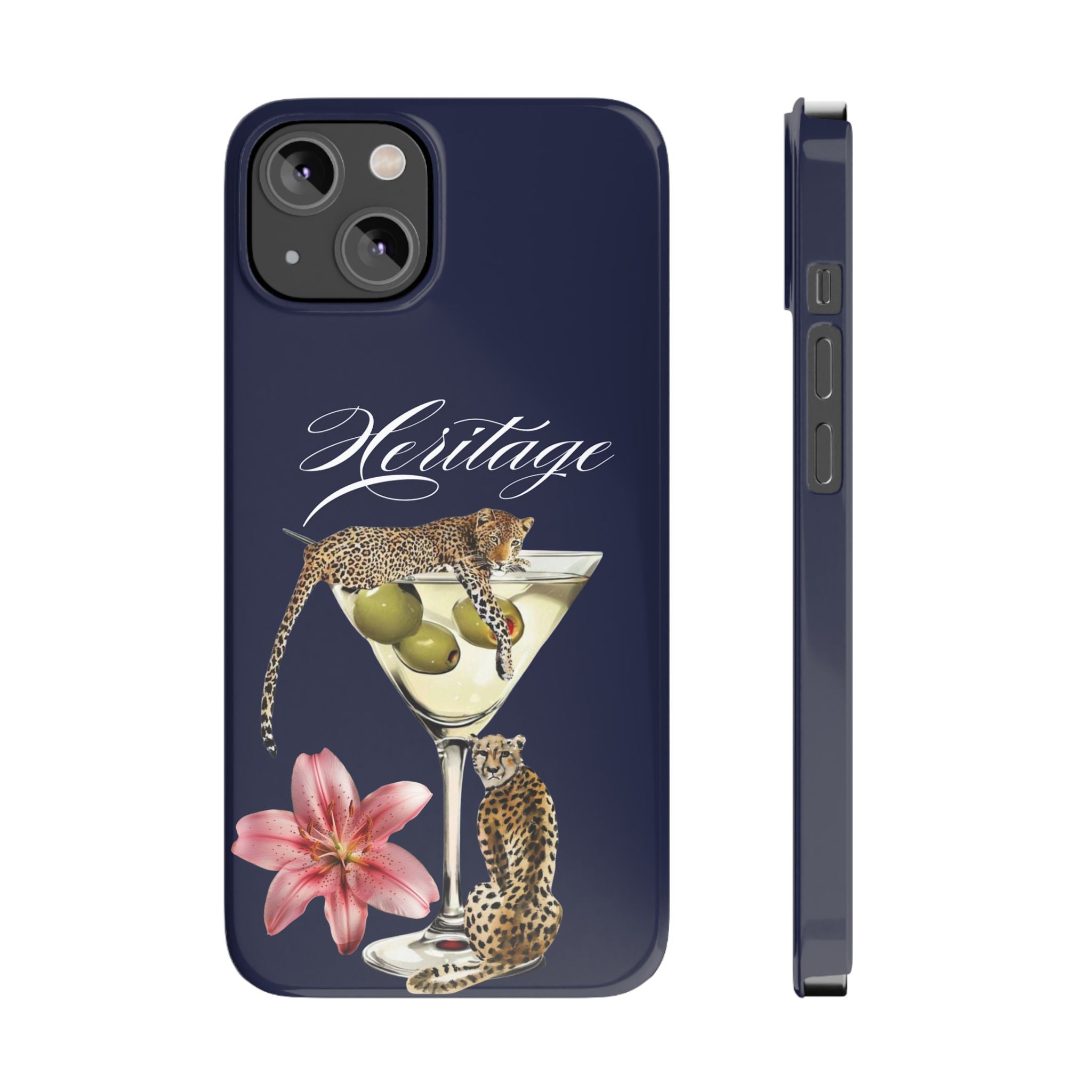 Heritage Cheetah Martini Slim Phone Case — Floral Cocktail Design