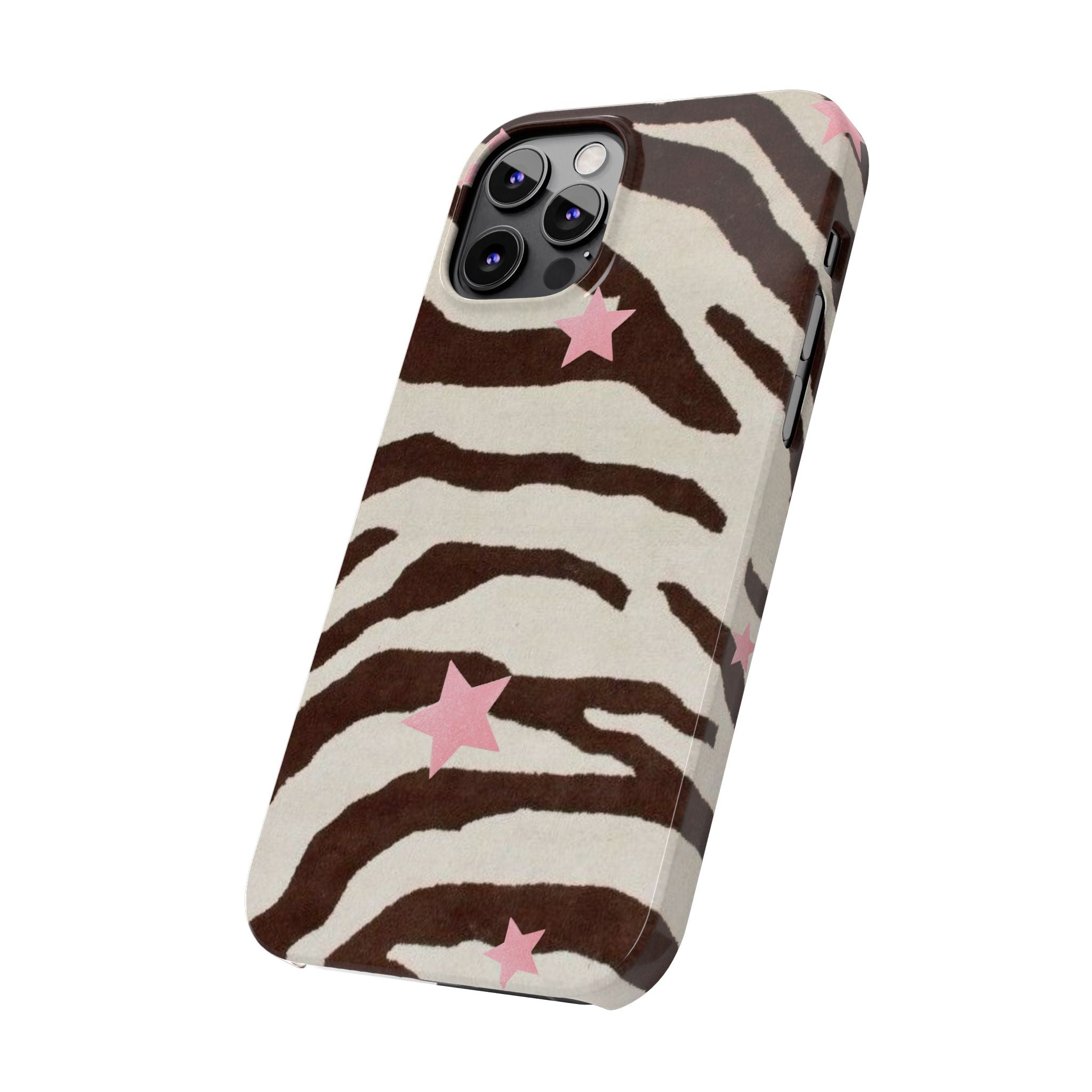 Zebra Stripe Slim Phone Case with Pink Stars – Trendy Animal Print Protector