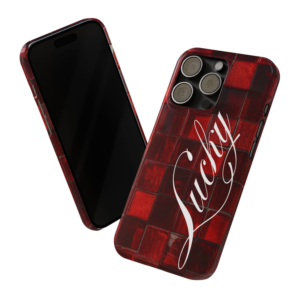 Red Mosaic 'Lucky' Slim Phone Case — Stylish Script Protective Cover