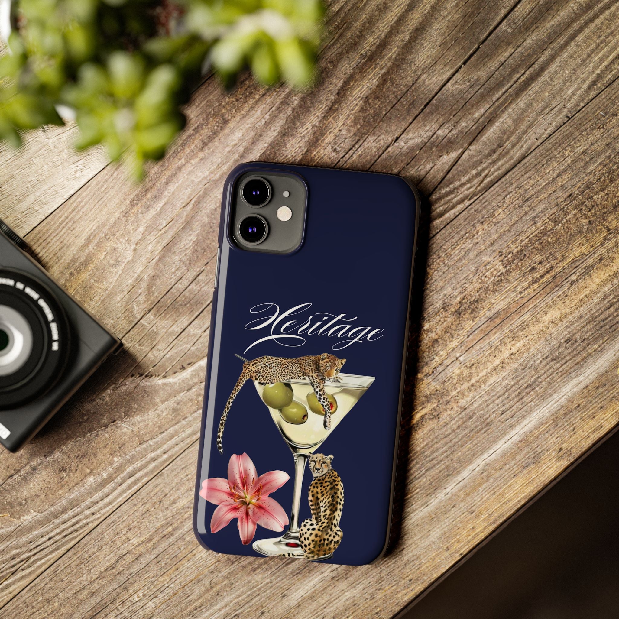 Heritage Cheetah Martini Slim Phone Case — Floral Cocktail Design