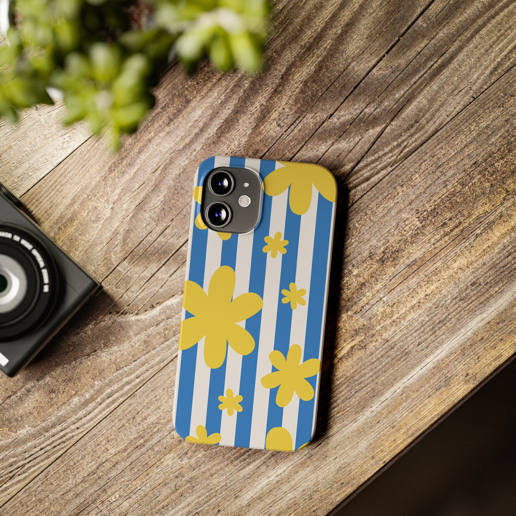 Retro Blue Stripes with Yellow Flower Pattern