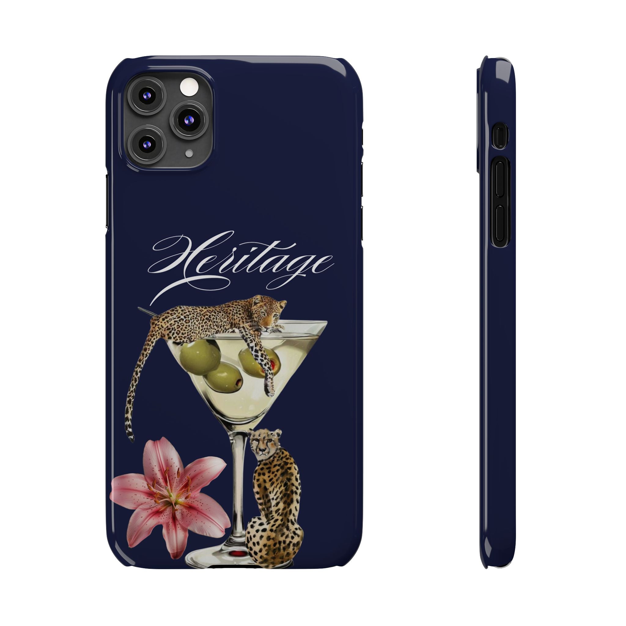 Heritage Cheetah Martini Slim Phone Case — Floral Cocktail Design