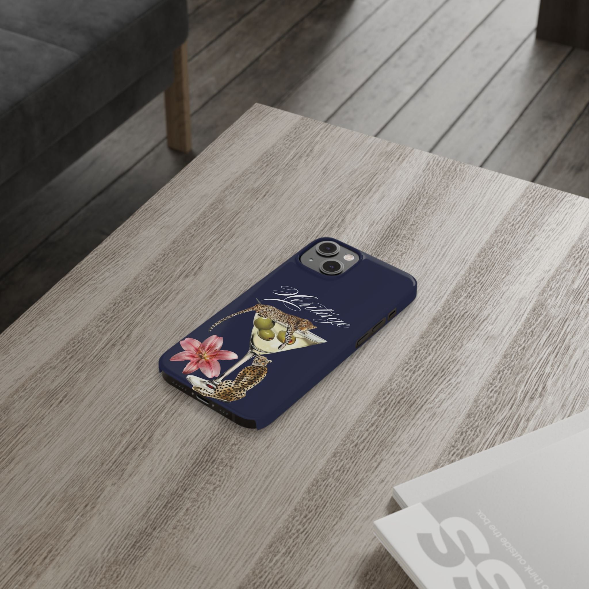 Heritage Cheetah Martini Slim Phone Case — Floral Cocktail Design