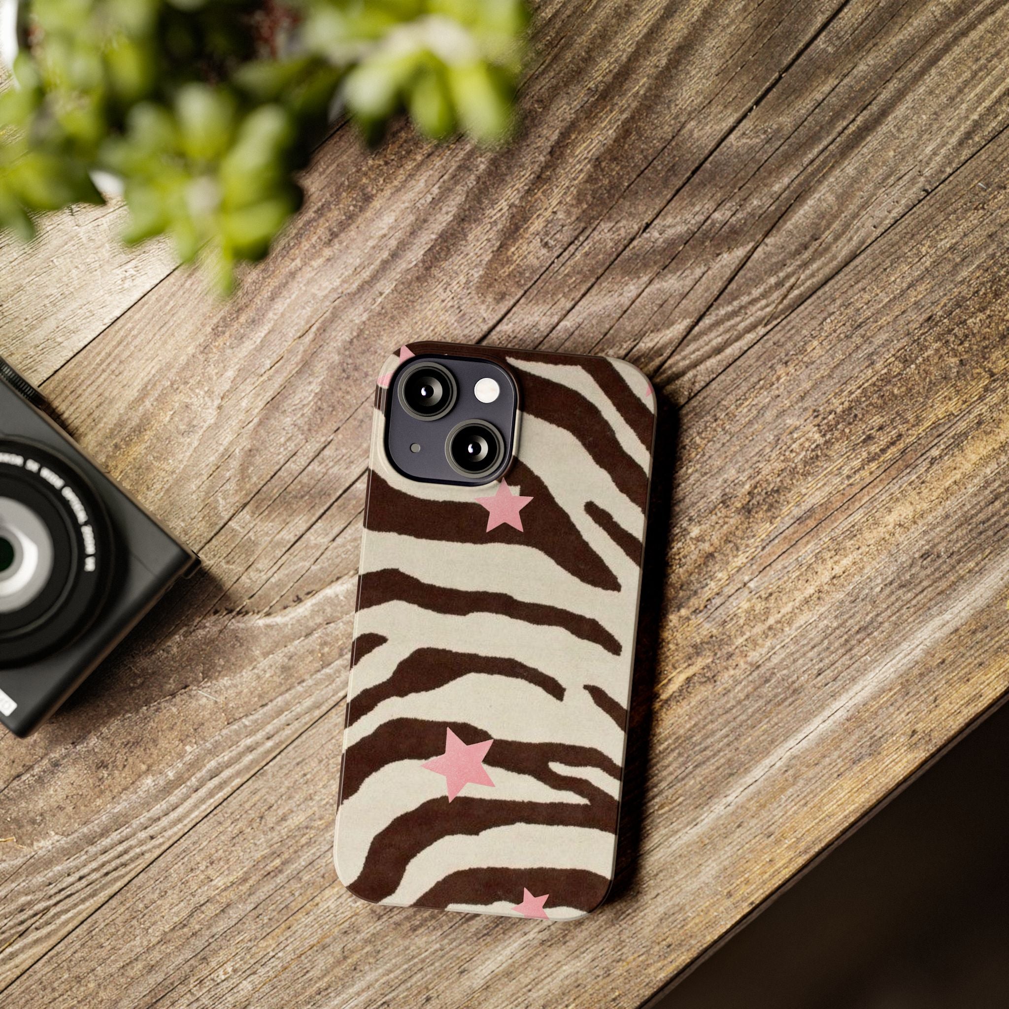 Zebra Stripe Slim Phone Case with Pink Stars – Trendy Animal Print Protector