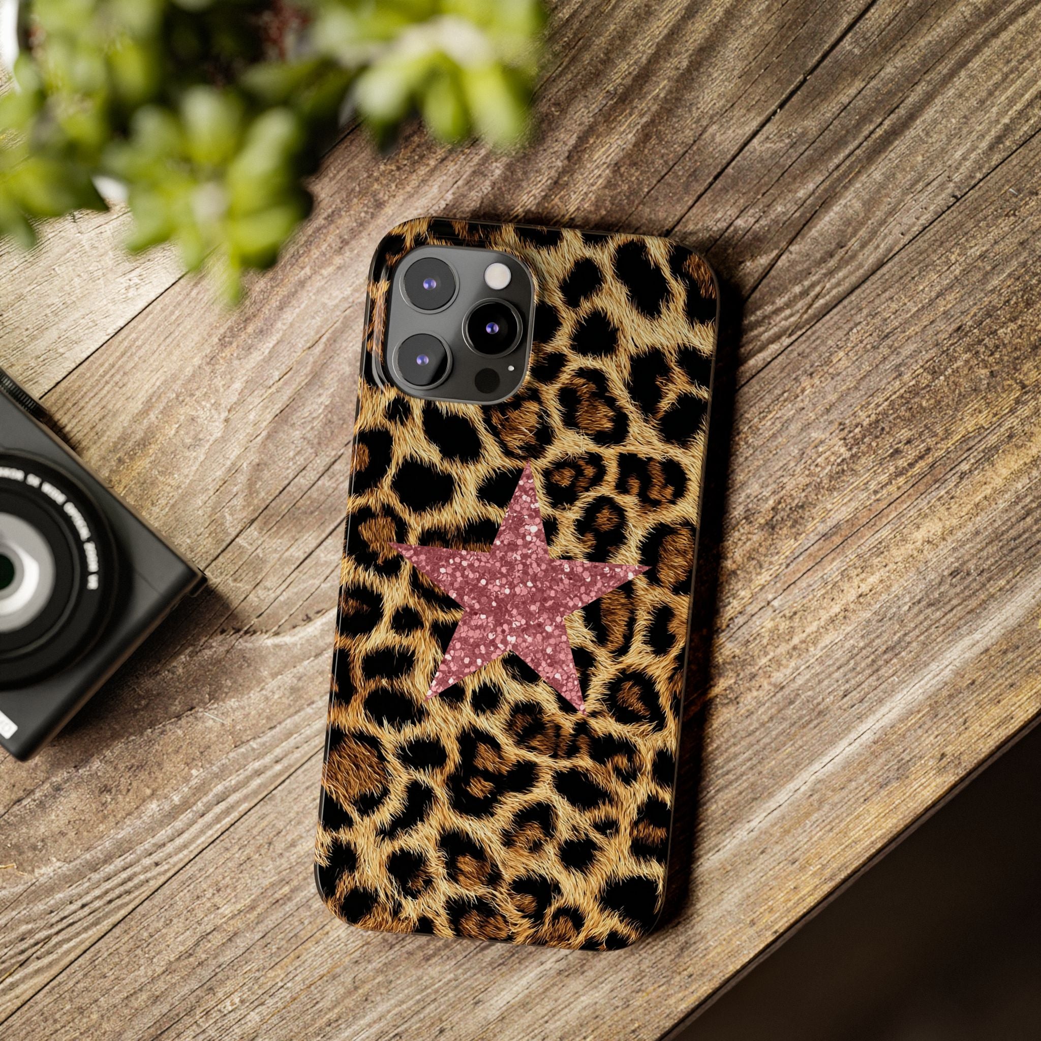 Leopard Print Slim Phone Case with Pink Glitter Star — Chic Animal Print Protective Cover