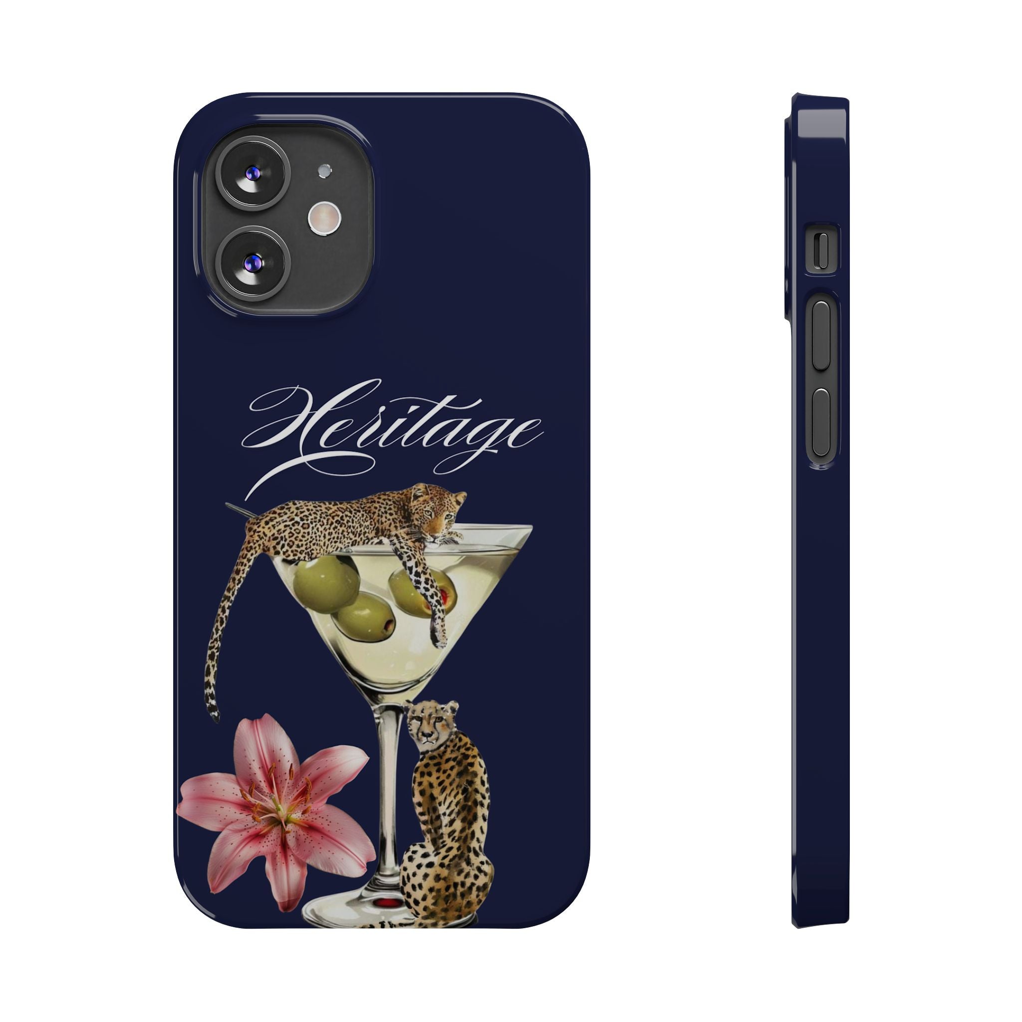 Heritage Cheetah Martini Slim Phone Case — Floral Cocktail Design