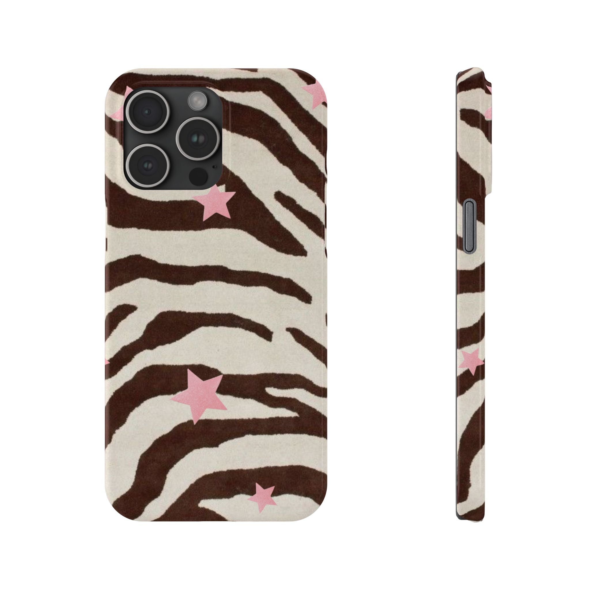 Zebra Stripe Slim Phone Case with Pink Stars – Trendy Animal Print Protector