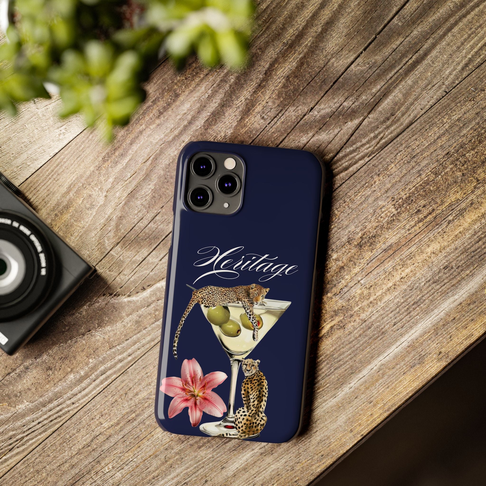 Heritage Cheetah Martini Slim Phone Case — Floral Cocktail Design