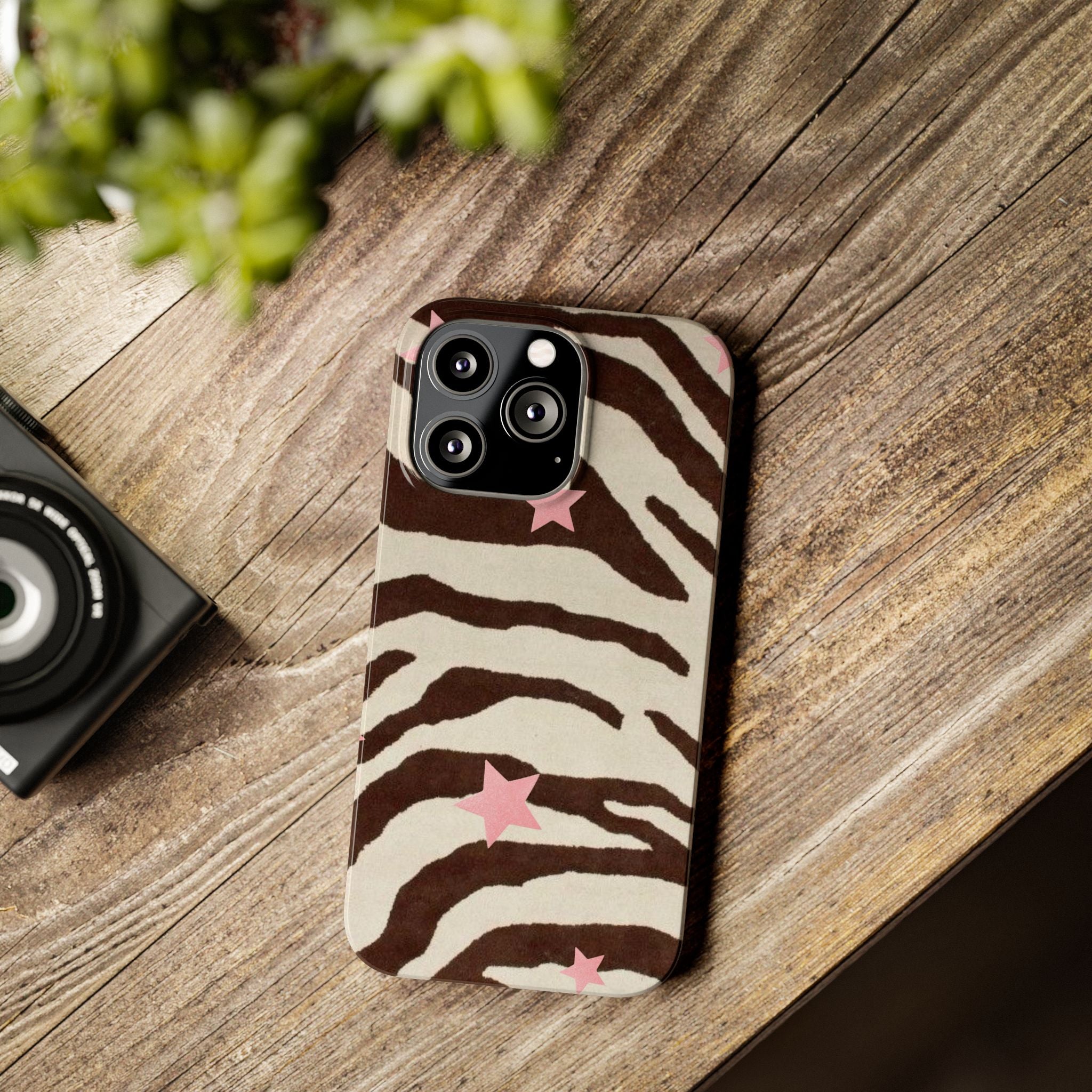 Zebra Stripe Slim Phone Case with Pink Stars – Trendy Animal Print Protector