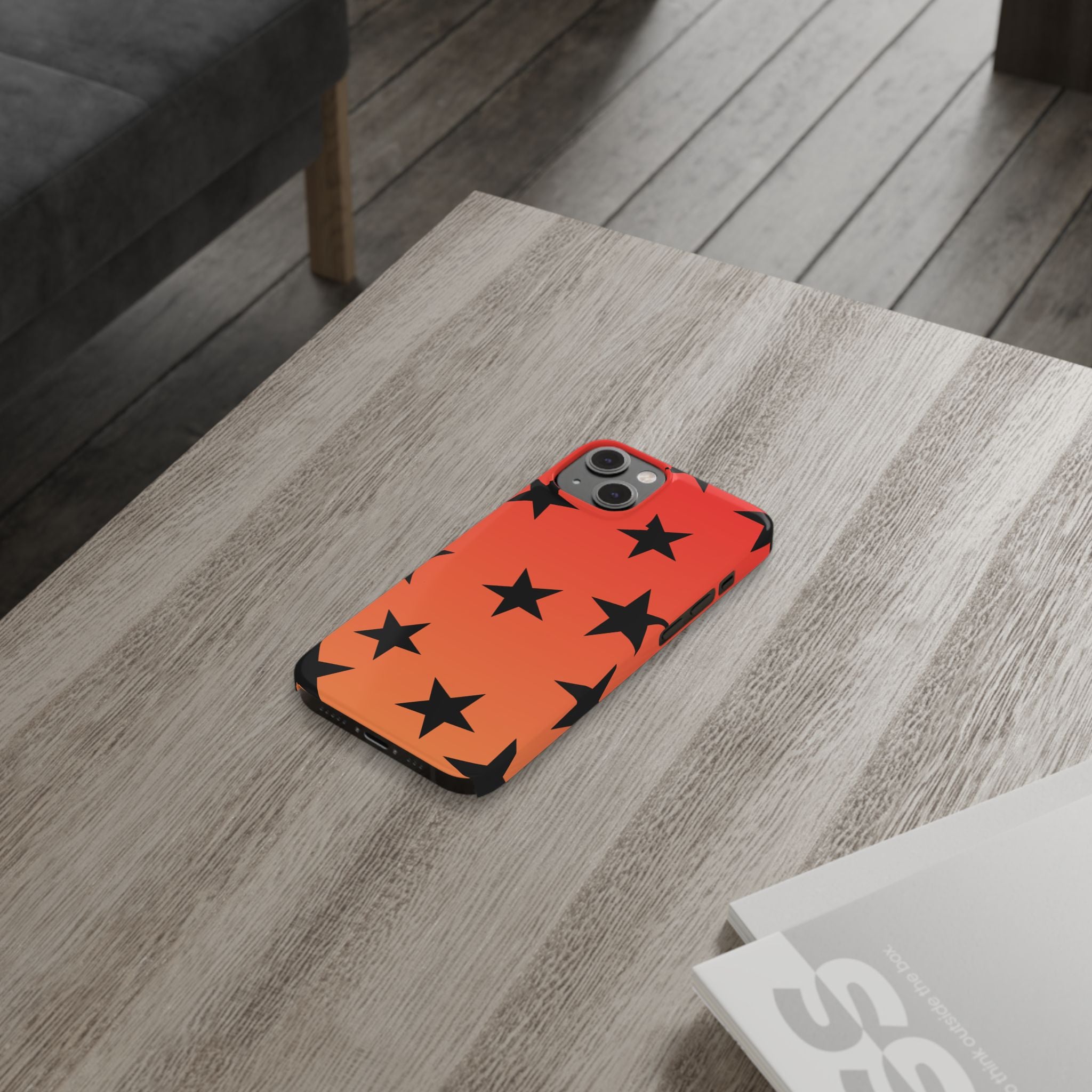 Star Pattern Slim Phone Case — Gradient Orange Red with Black Stars