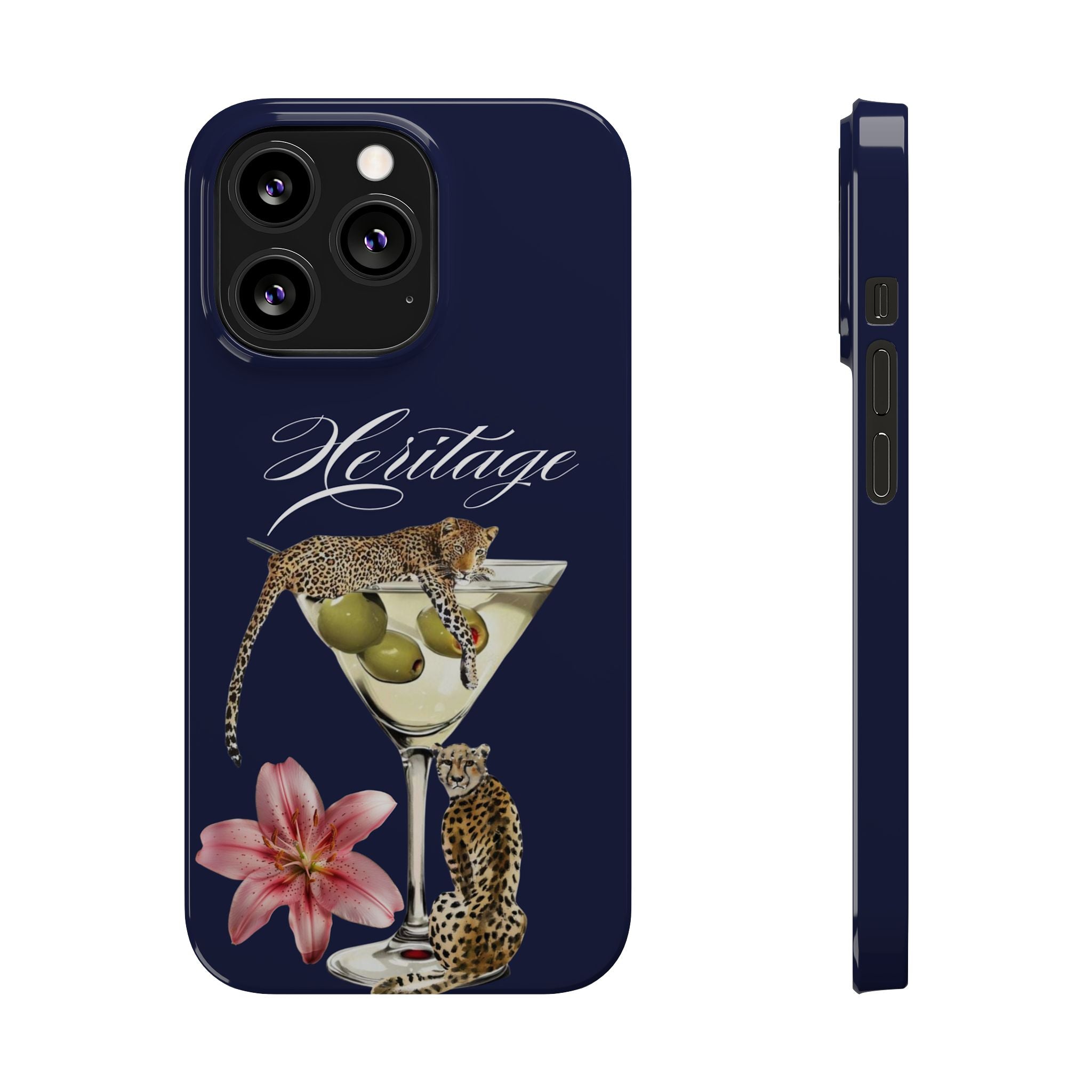 Heritage Cheetah Martini Slim Phone Case — Floral Cocktail Design