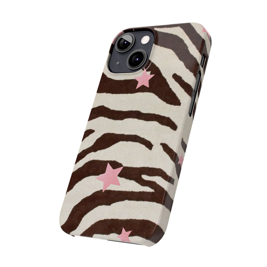 Zebra Stripe Slim Phone Case with Pink Stars – Trendy Animal Print Protector