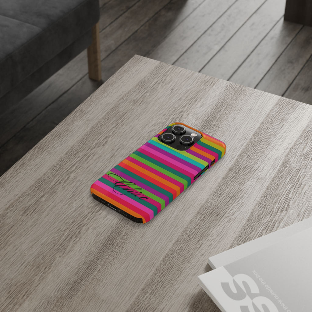 Chic Stripes Slim Phone Case — Colorful Rainbow Stripe Monogram Phone Cover