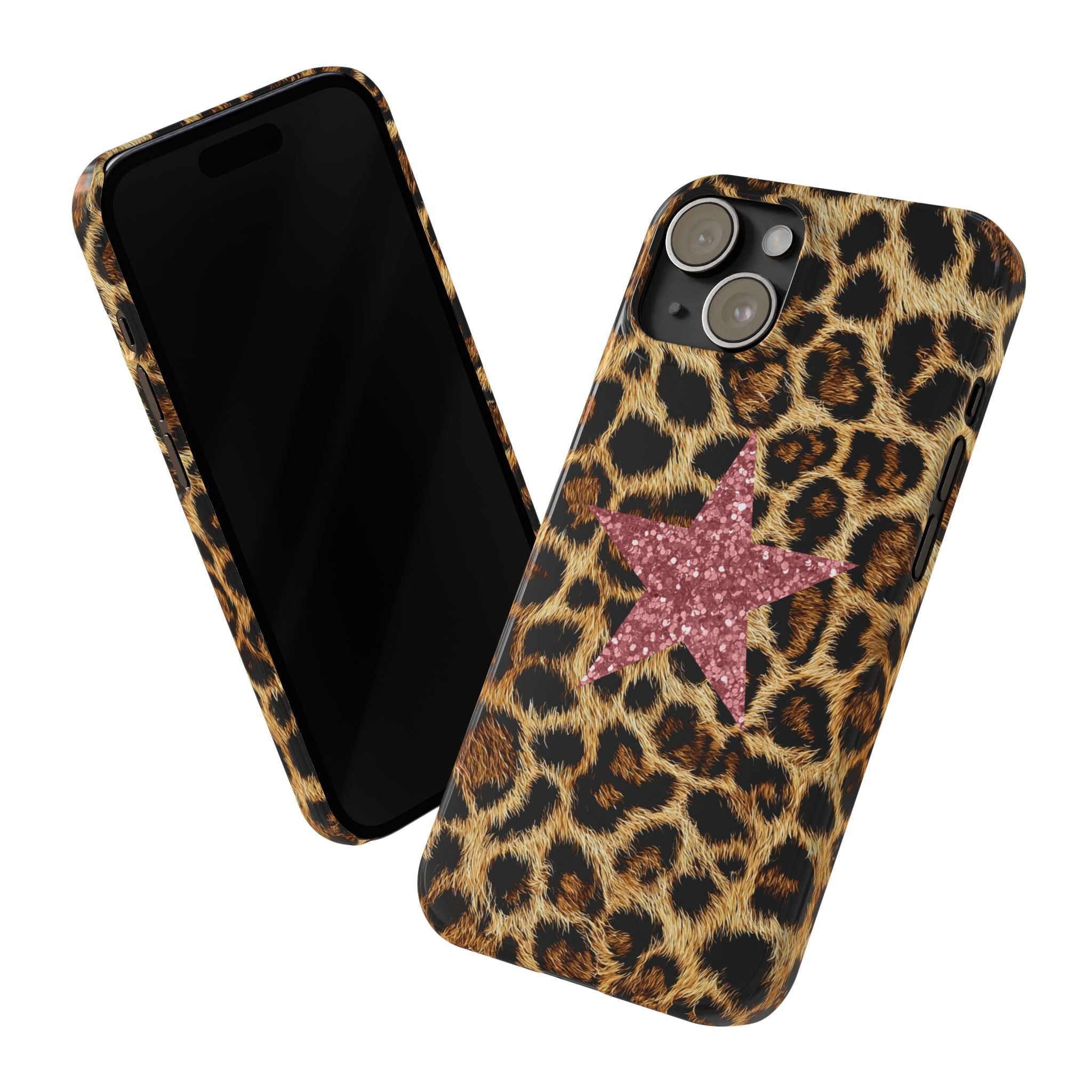 Leopard Print Slim Phone Case with Pink Glitter Star — Chic Animal Print Protective Cover