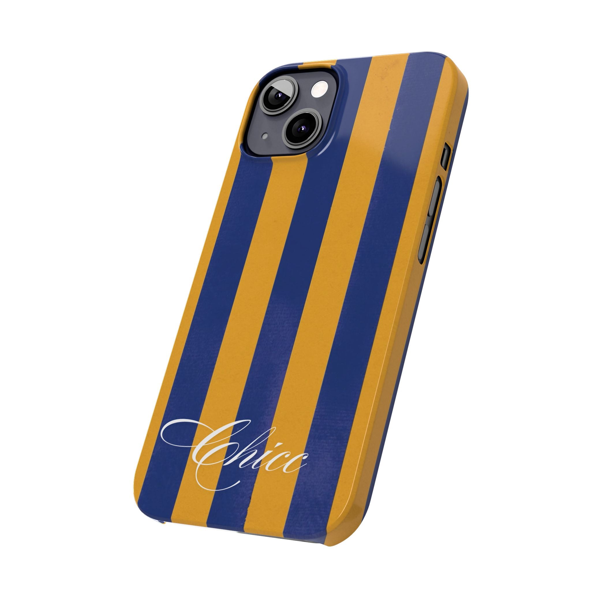 Striped Navy & Gold Slim Phone Case — "Chicc" Script Accent
