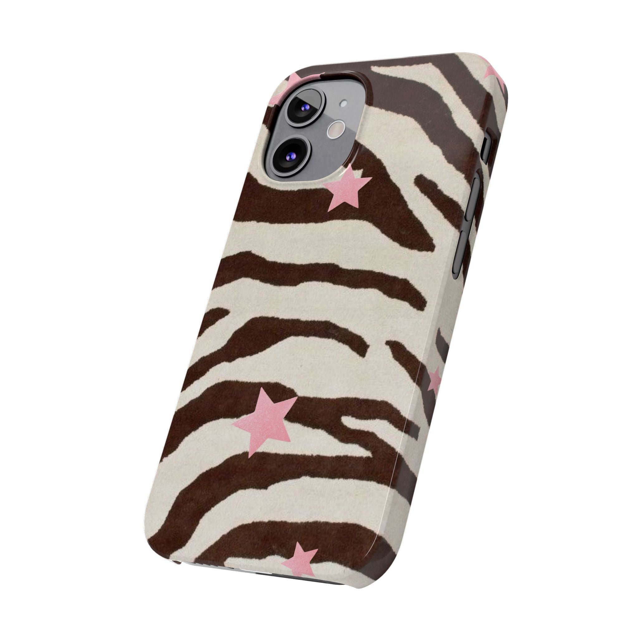 Zebra Stripe Slim Phone Case with Pink Stars – Trendy Animal Print Protector
