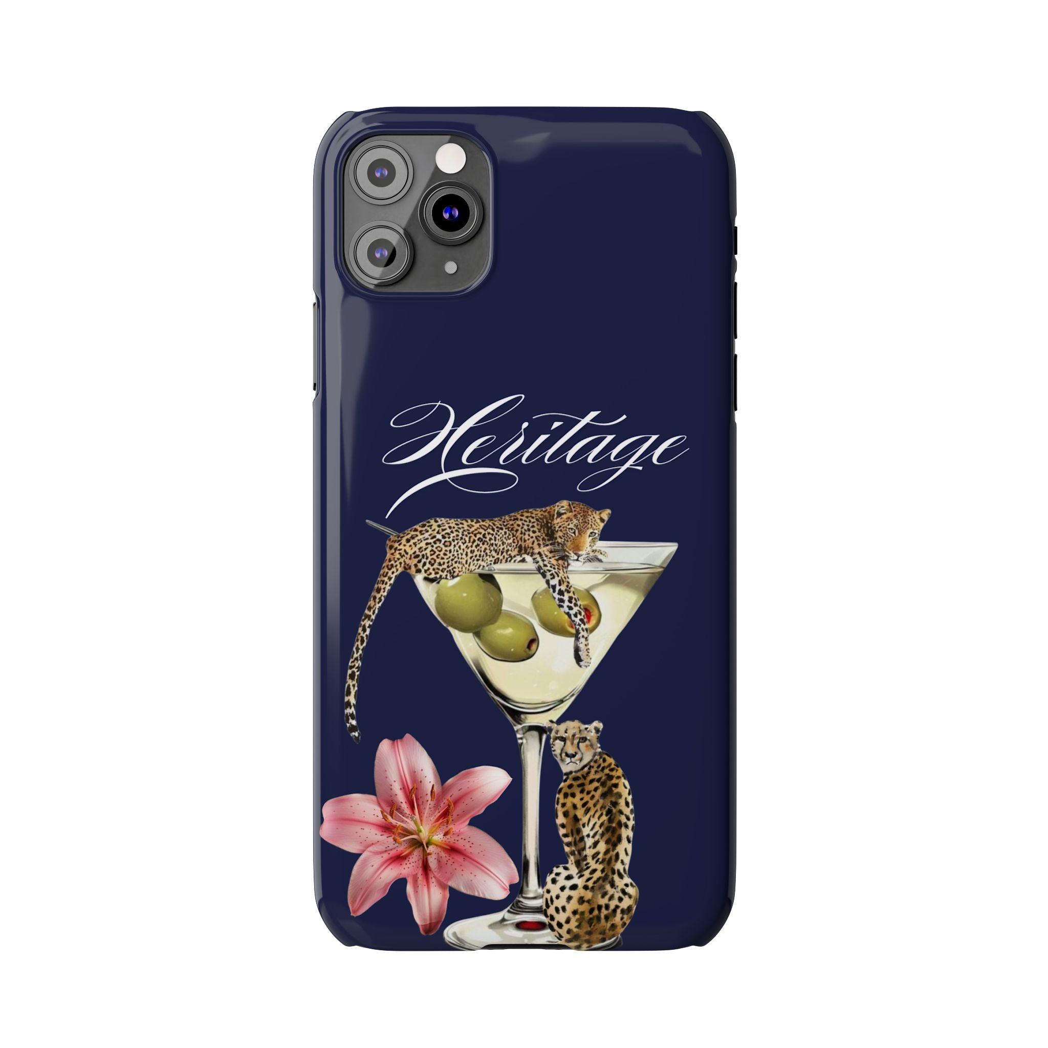 Heritage Cheetah Martini Slim Phone Case — Floral Cocktail Design