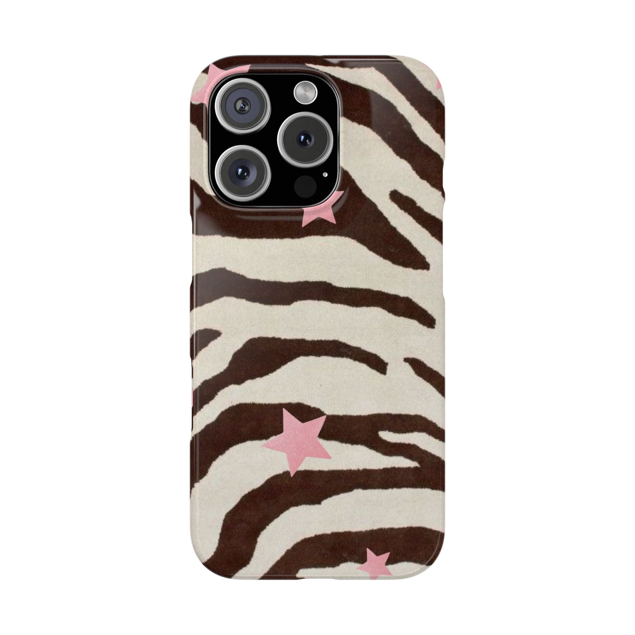 Zebra Stripe Slim Phone Case with Pink Stars – Trendy Animal Print Protector