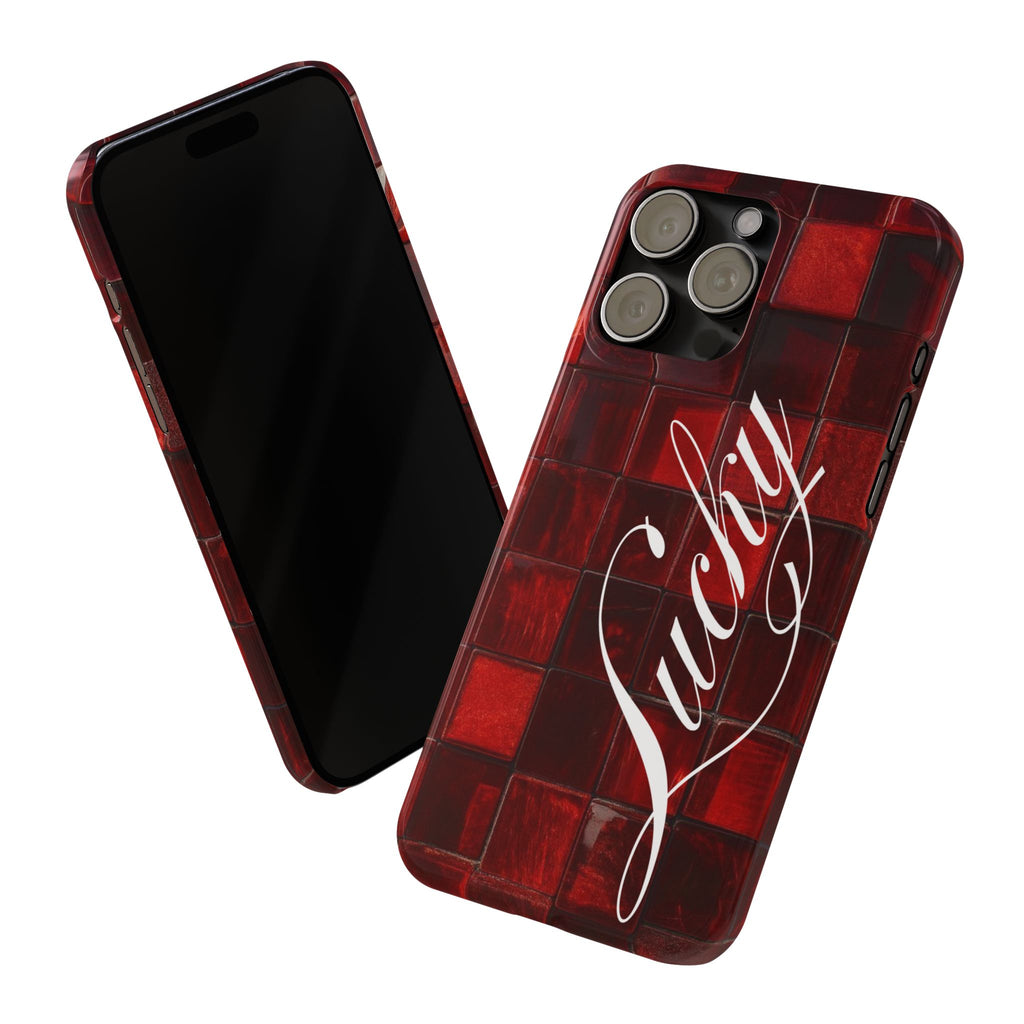 Red Mosaic 'Lucky' Slim Phone Case — Stylish Script Protective Cover
