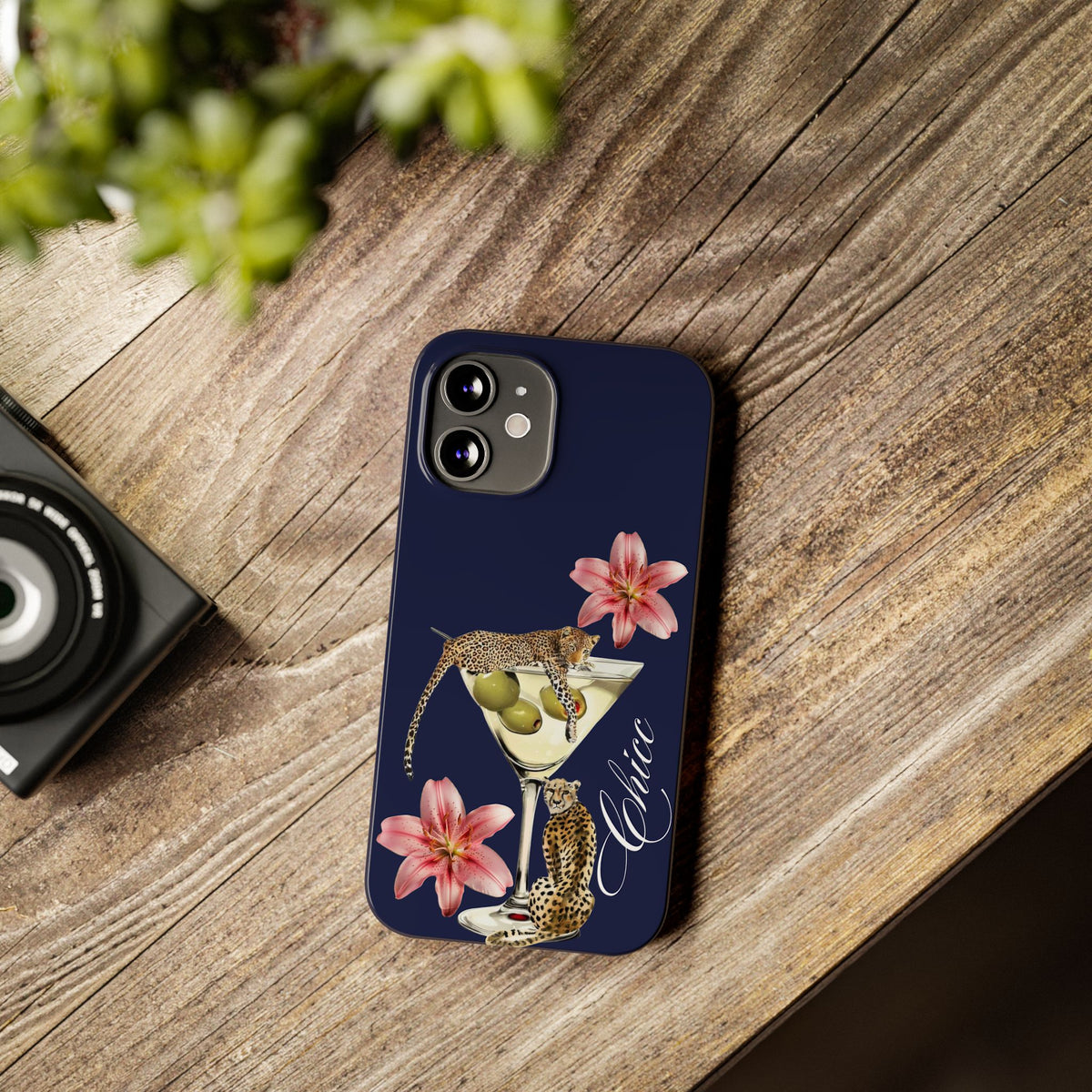 Heritage Cheetah Martini Slim Phone Case — Floral Cocktail Design