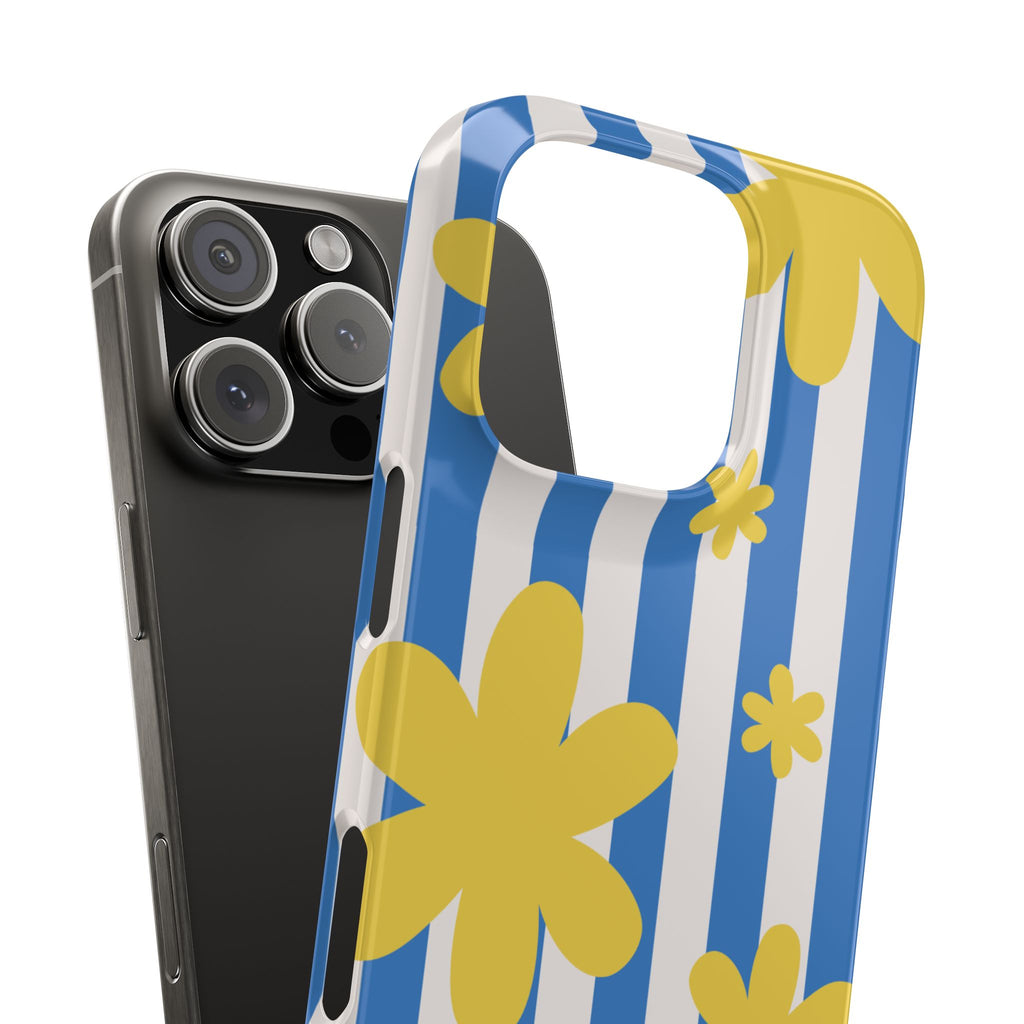 Retro Blue Stripes with Yellow Flower Pattern