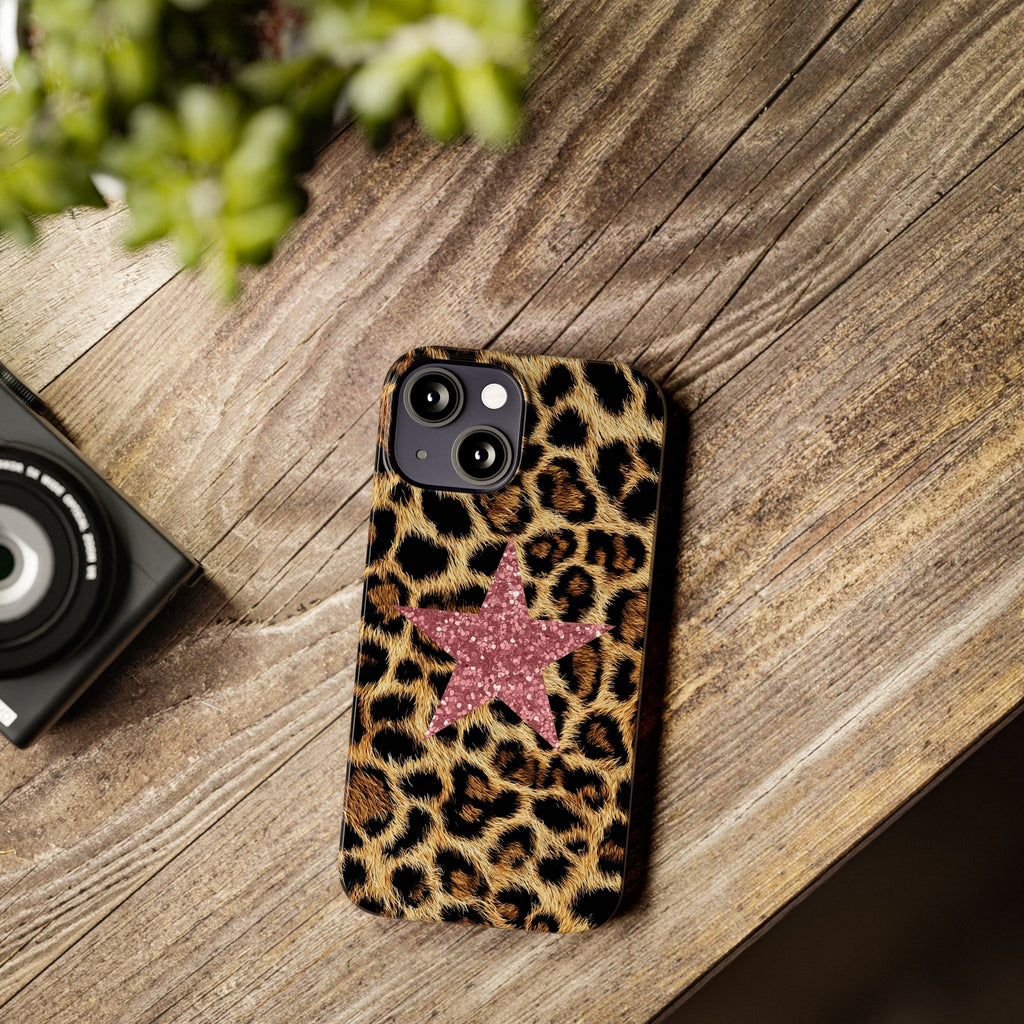 Leopard Print Slim Phone Case with Pink Glitter Star — Chic Animal Print Protective Cover