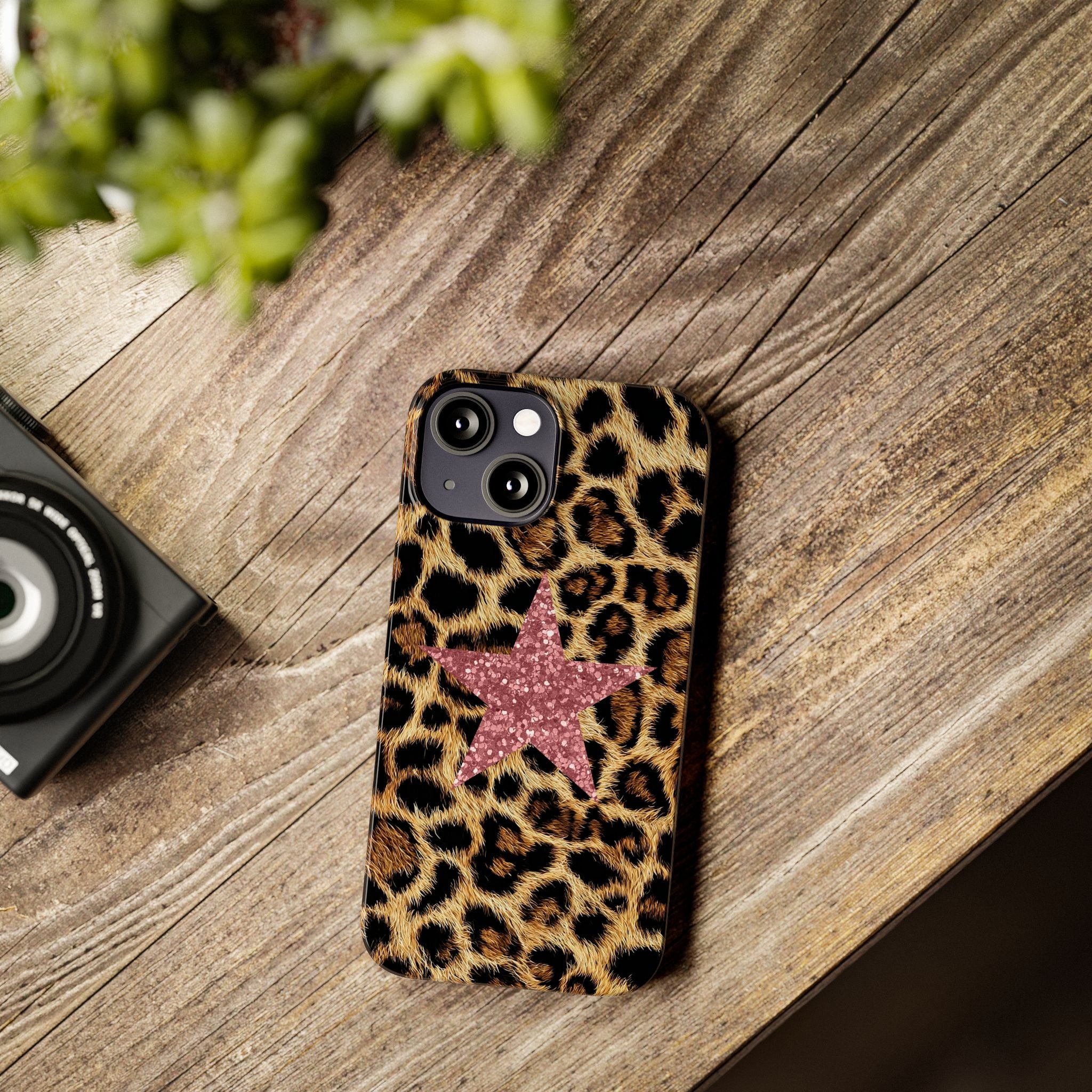 Leopard Print Slim Phone Case with Pink Glitter Star — Chic Animal Print Protective Cover